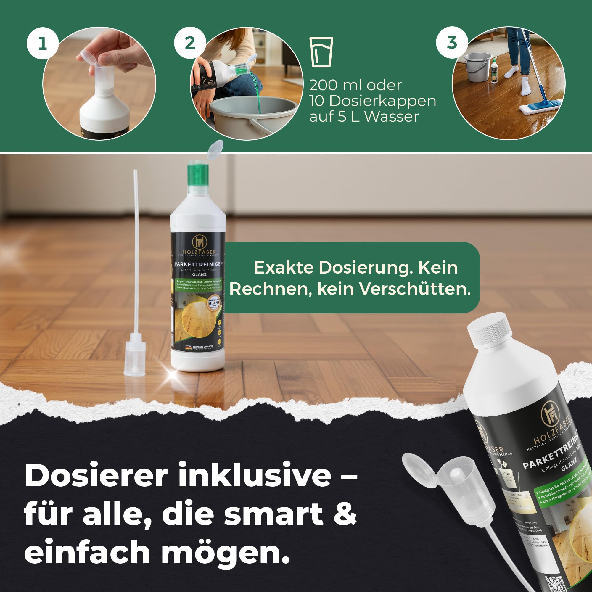 Parkettreiniger MATT + GLÄNZEND Set – 2× 1L 3-in-1 Konzentrat für versiegelte Parkett- & Holzböden, Parkett Pflege, Laminat & Kork | streifenfrei ohne Nachpolieren, rutschhemmend