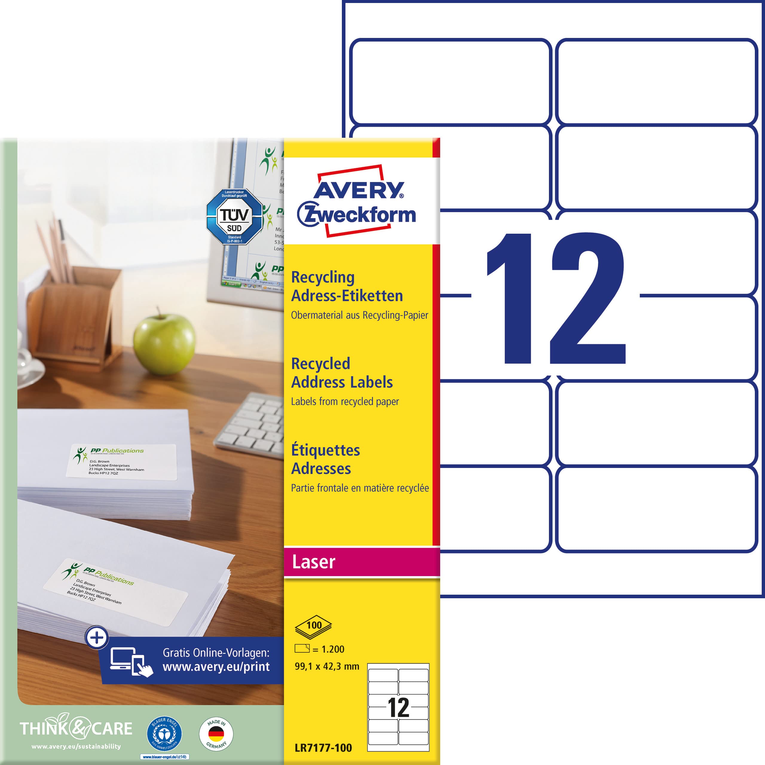 AVERY Zweckform LR7177-100 Etykiety z recyklingu (1200 naklejek adresowych, 99,1 x 42,3 mm na A4, 100% papier z recyklingu, do wydrukowania, samoprzylepne, do długich kopert DIN), 100 arkuszy,