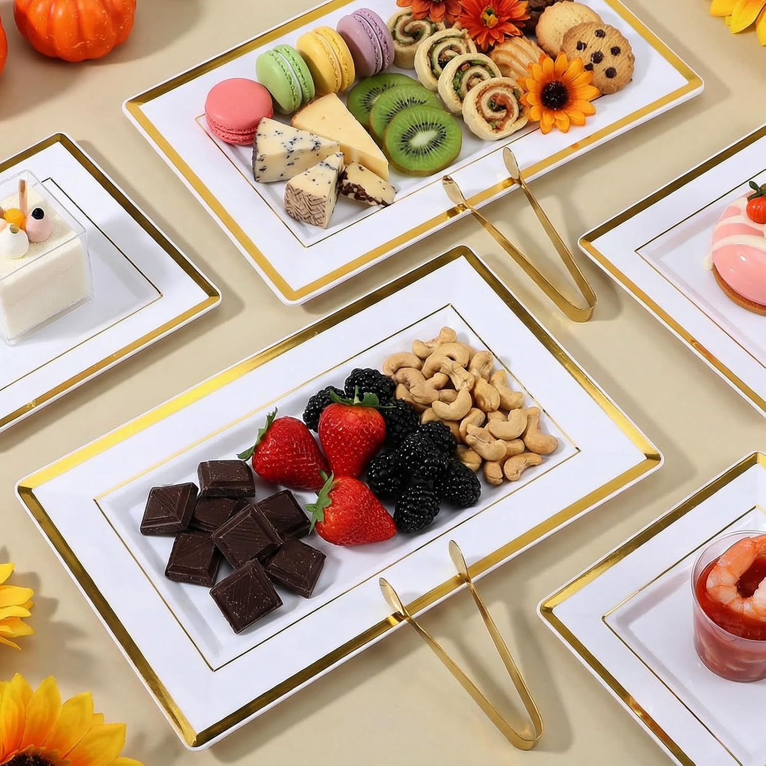 10 Pack White & Gold Plastic Serving Trays with 10 Stainless Steel Tongs - Elegant Disposable Platters for Parties, Weddings, Desserts