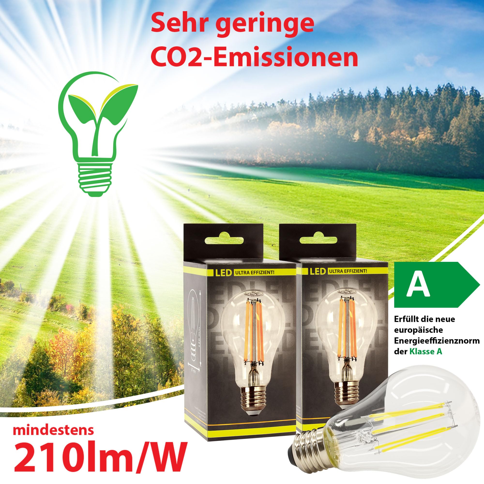 Maxkomfort 10x LED E27 Glühbirne Filament – 7,2W ersetzt 100W, Energieklasse A, 1521 Lumen Neutralweiß (4000K), A67, 50.000h Lebensdauer, Leuchtmittel 360°