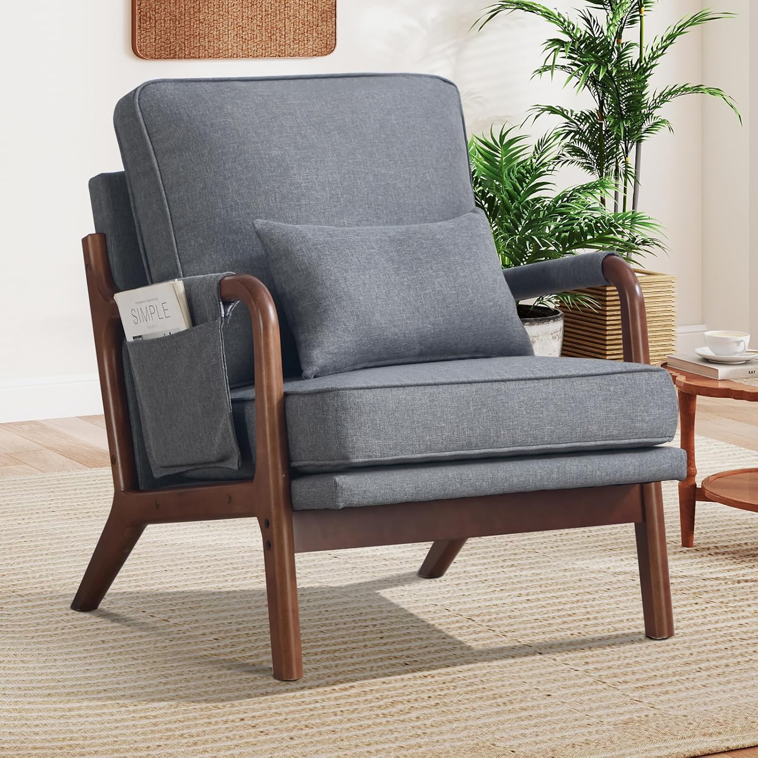 CANMOV Mid Century Modern Accent Chair with Extra Side Storage Pocket Upholstered Reading Armchair with Waist Cushion, Accent Chair for Living Room Bedroom, Easy Assembly, Grey