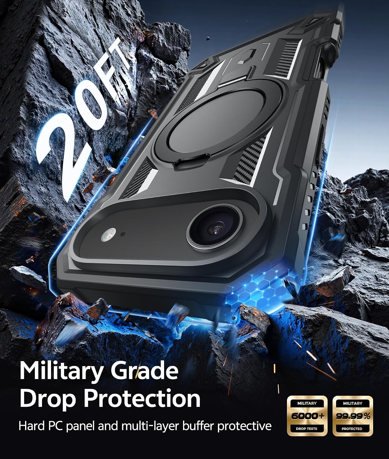 FNTCASE for iPhone Air Phone Case: Magnetic Phone Cases with [Ring Kickstand] [Built-in Screen Protector] [Heavy Duty Military Grade Protection] Drop Proof Rugged Protective Hard Cases Black