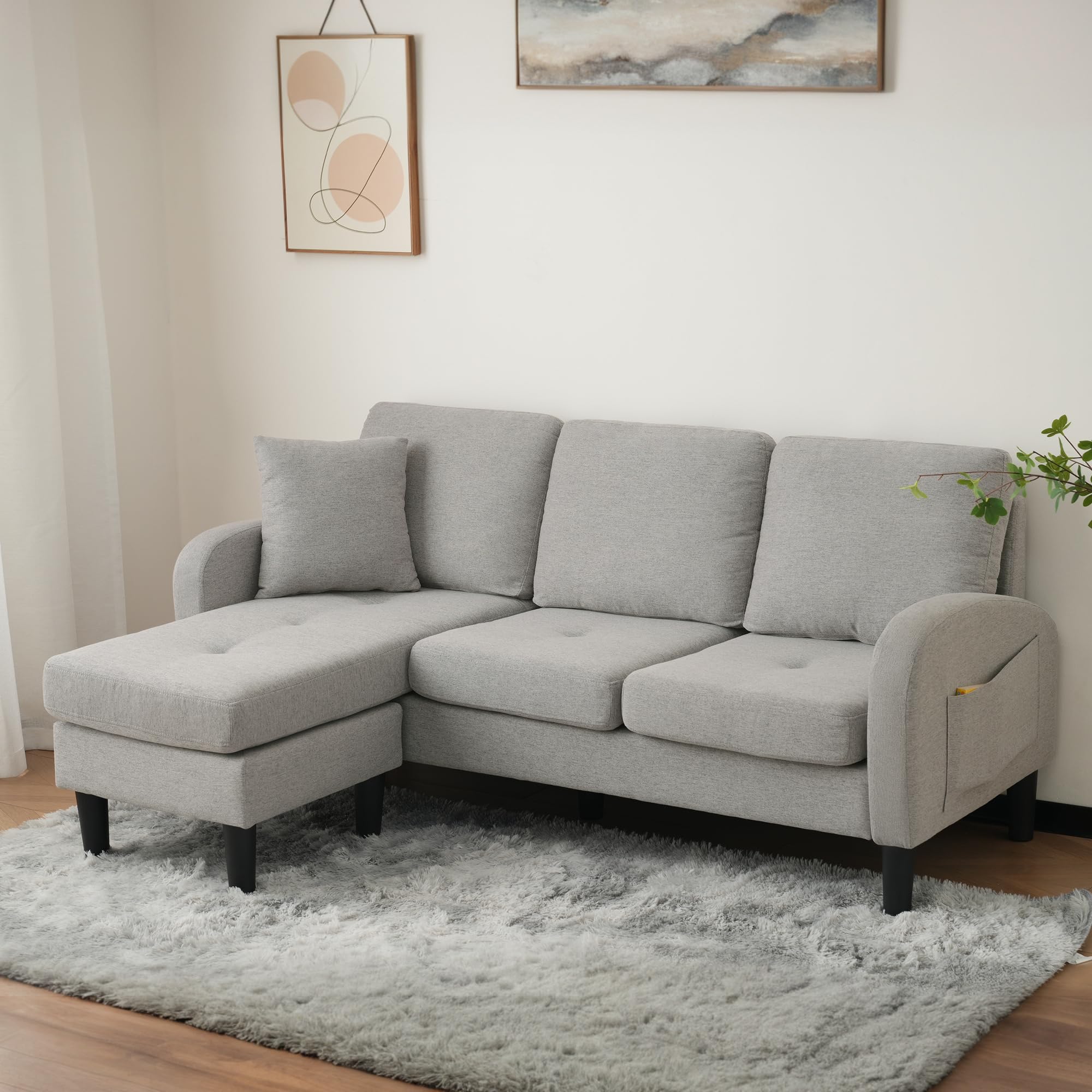 TIZZ Divano angolare a forma di L con chaise longue - Divano a 3 posti, 166 x 118 x 77 cm, tessuto in lino di cotone traspirante, gambe in plastica, design modulare, ideale per soggiorno, appartamenti