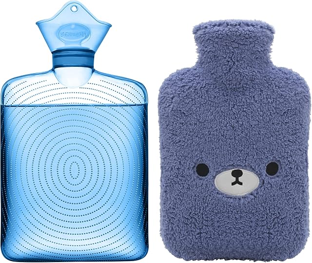 Samply Hot Water Bottle with Cute Fleece Cover, 2L Hot Water Bag for Hot and Cold Compress, Hand Feet Warmer, Neck and Shoulder Pain Relief,Bear Blue