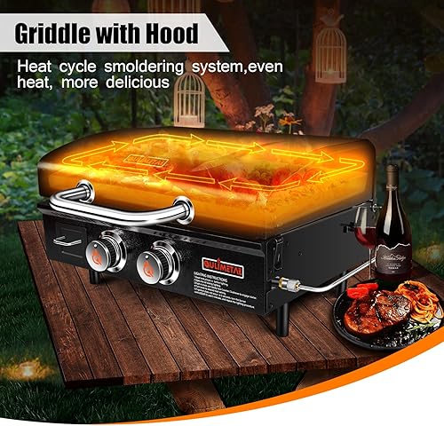 Miniatura 3 de QuliMetal - Parrilla portátil de mesa de 22 pulgadas, 2 quemadores de gas propano con campana, parrilla de campamento de 24,000 BTU con bolsa de