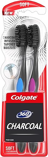 Colgate Cepillo de dientes de carbón 360, cerdas suaves de punta más delgada, 2 unidades