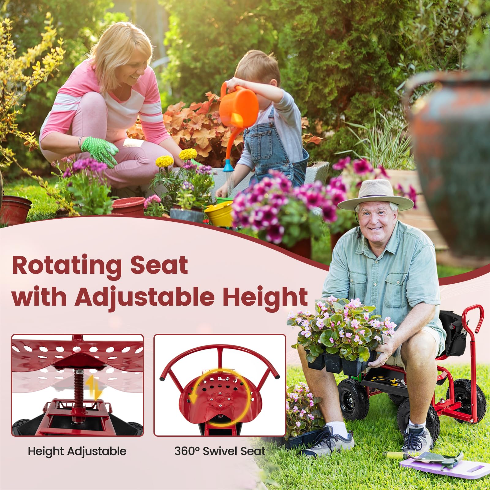 SOARS Rollsitz für Gartenarbeit, Gartensitz 360°drehbar, 60-69cm höhenverstellbar, Gartenwagen mit ausziehbarem Griff, Ablage & Korb, Arbeitssitz 135kg belastbar für Gartenarbeit & Autopflege