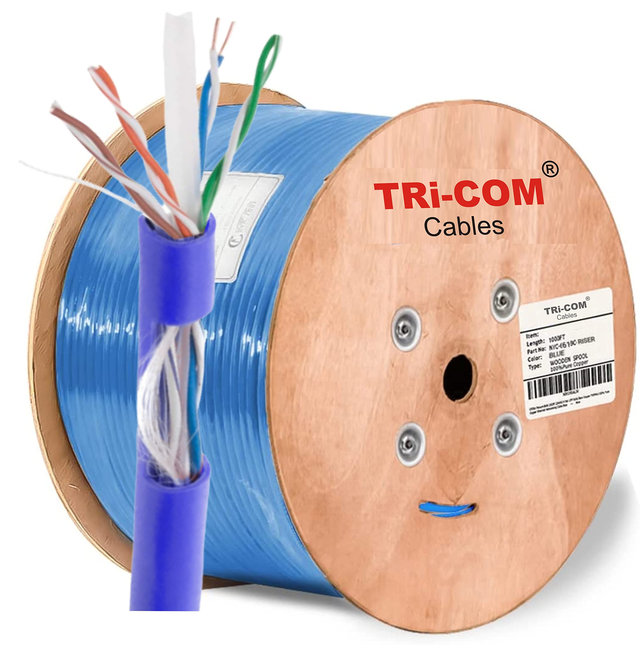 Kathiriyas TRI-COM® Cables Cat6a Strain Relief Ethernet Cable 300mtr/1000ft CMR Rated Spool|Certified 100% Copper Mix CCS|750MHz,23AWG,UTP|1 Gigabit High Bandwidth Quality Tested Internet Cable(Blue)