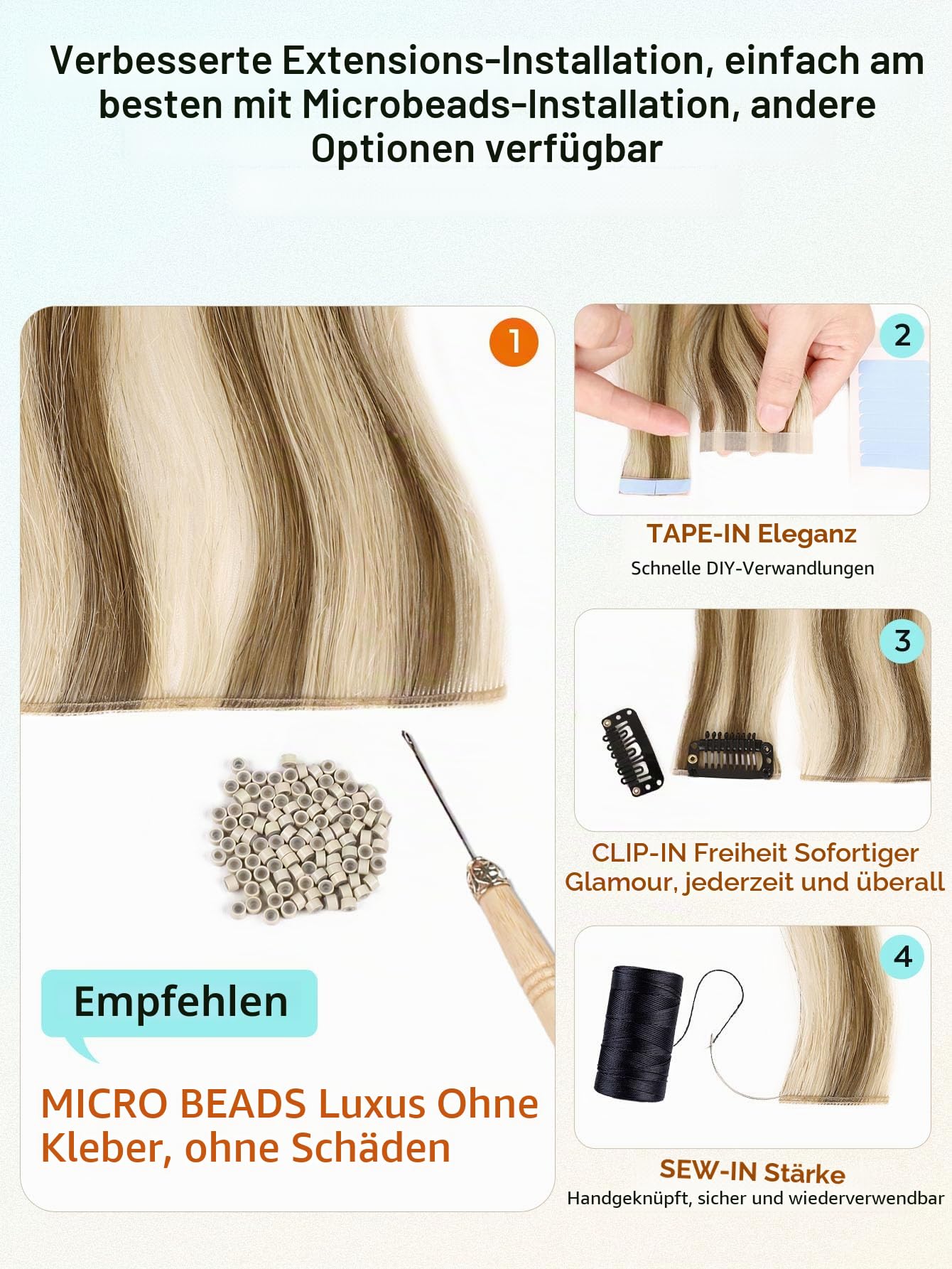 WIGNEE 100% Echthaar Extensions 51 cm (20 Zoll) Double Weft Remy Human Hair mit Micro Beads, 2 Packs 100 g Strähnchen Blond – Wiederverwendbar für Damen, Salon Look Volumen für Alltag & Hochzeit