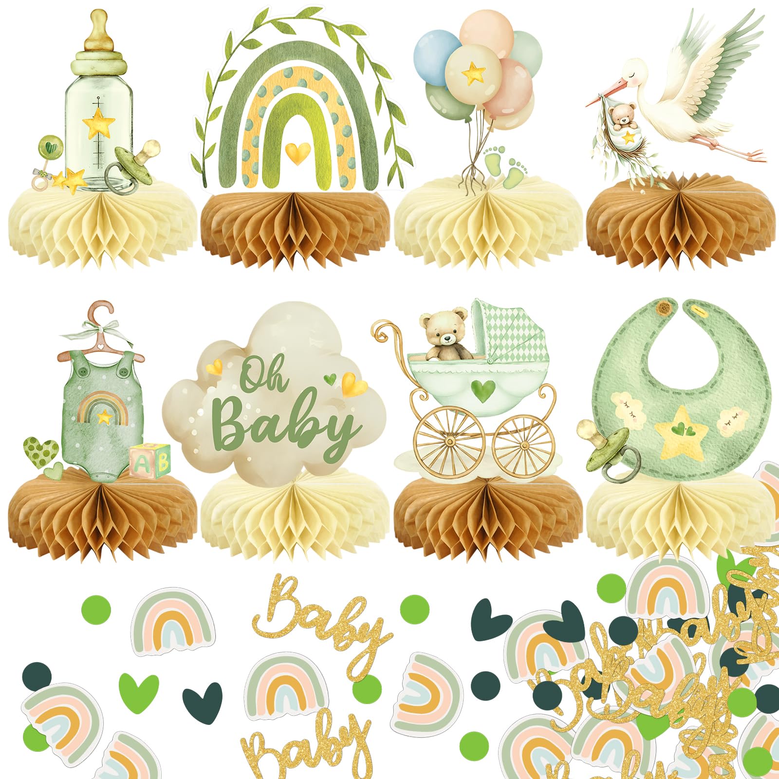 8Pcs Bear Baby Shower Decorations Honeycomb Centerpieces for Boy, Confetti Baby Shower Table Decorations Birthday Party Table Centerpieces Toppers Party Decor (Green)