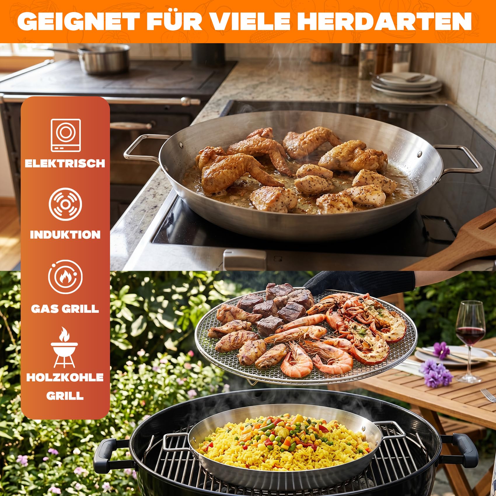 onlyfire Edelstahl Paellapfanne Set mit Grillgitter für Gasgrill