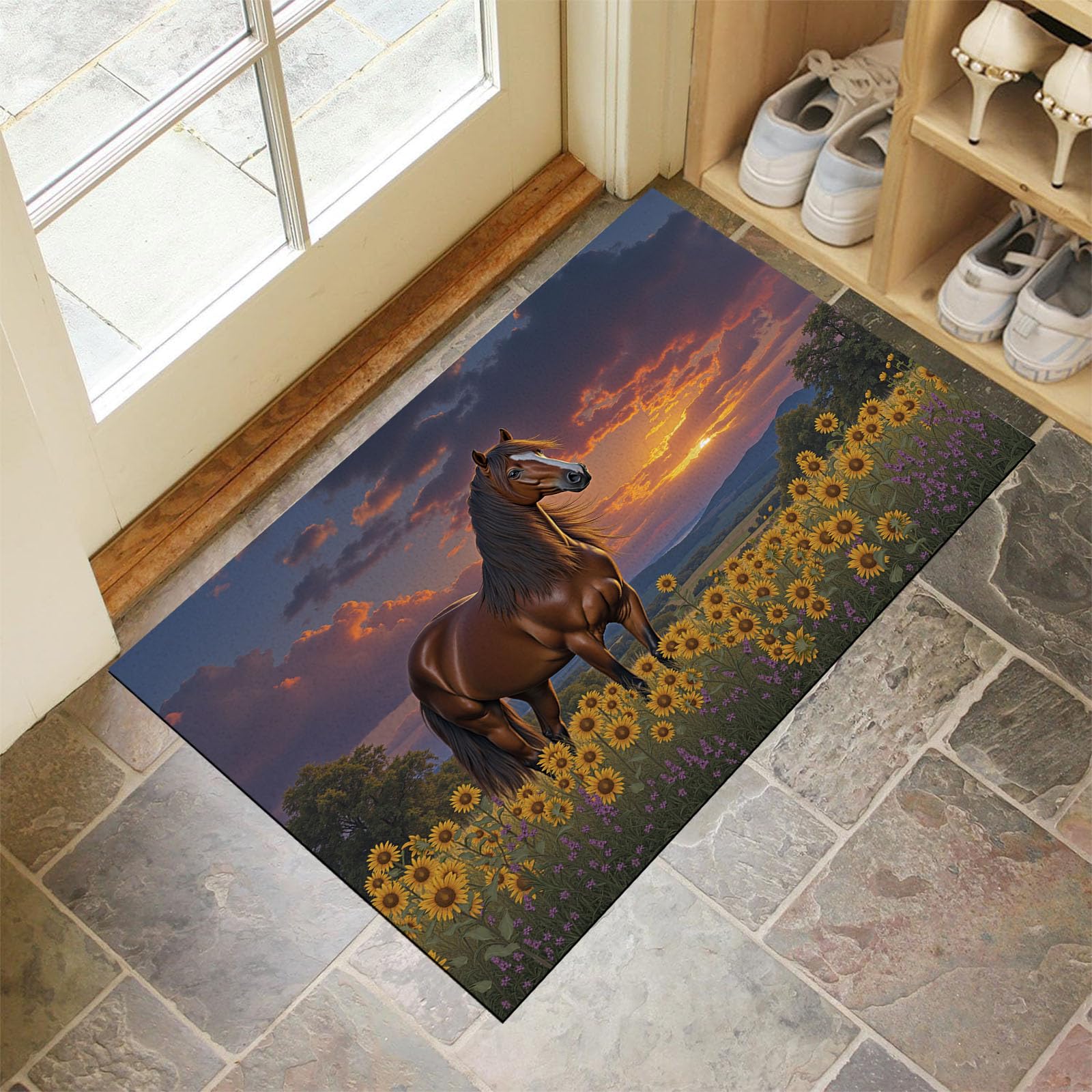 Felpudo de 90 x 150 cm para el comedor con diseño de paisaje natural de girasoles