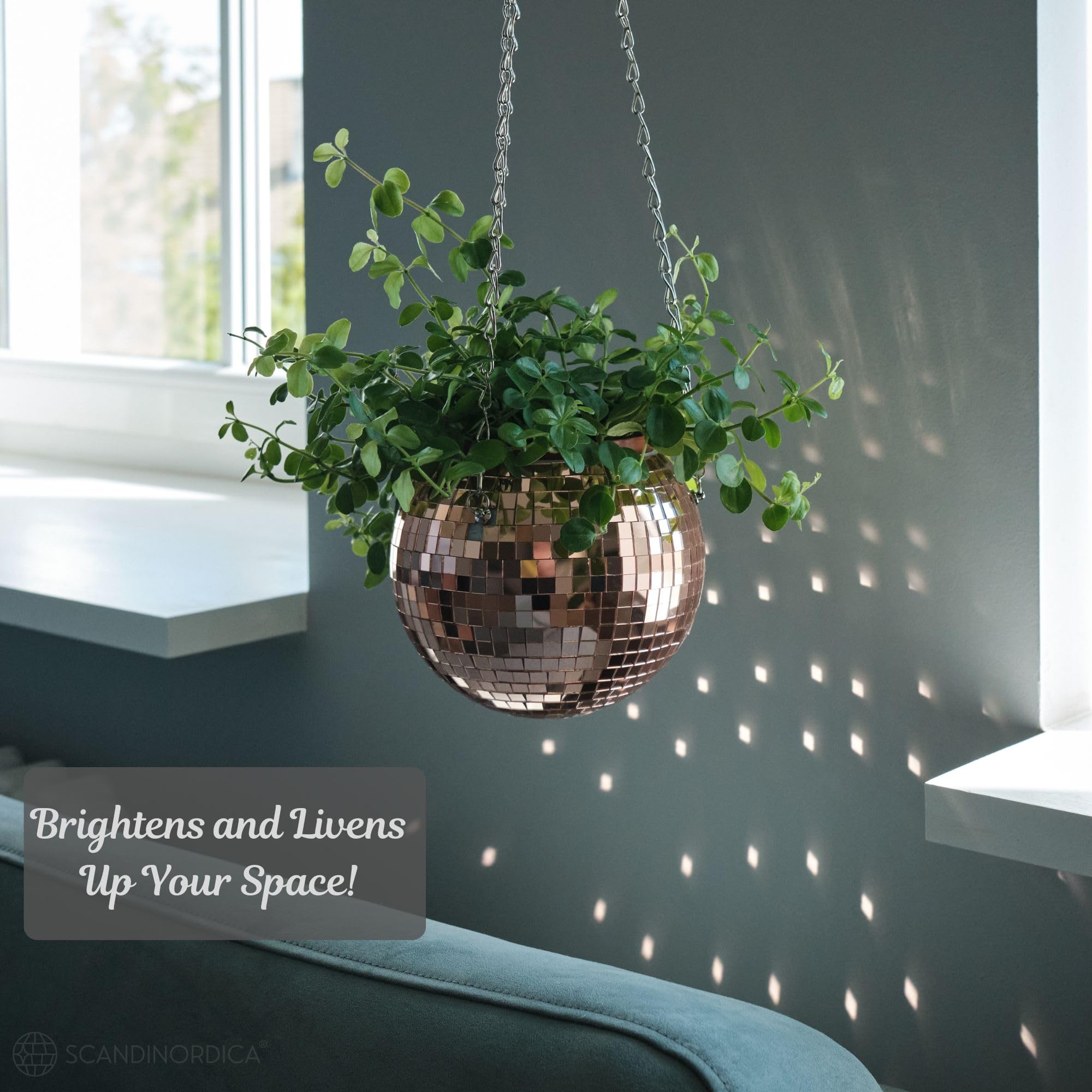 SCANDINORDICA Disco Ball Planter, Disco Ball Plant Hanger, Mirror Disco Glitter Planter with Chain and Macrame Rope - Image 4