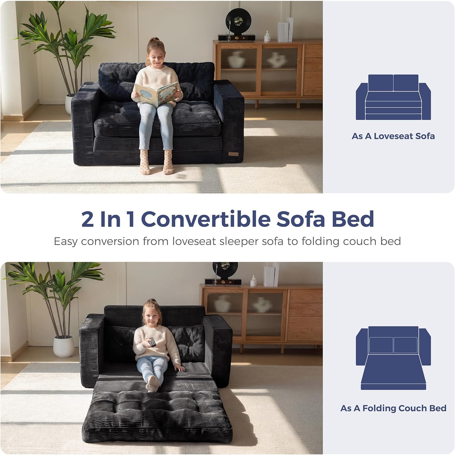 MAXYOYO Convertible Sofa Bed, Pull Out Loveseat Sleeper Sofa, 2 in 1 Folding Couch Bed, Fold Out Floor Couch with Pillows for Living Room Bedroom Lounge, Black