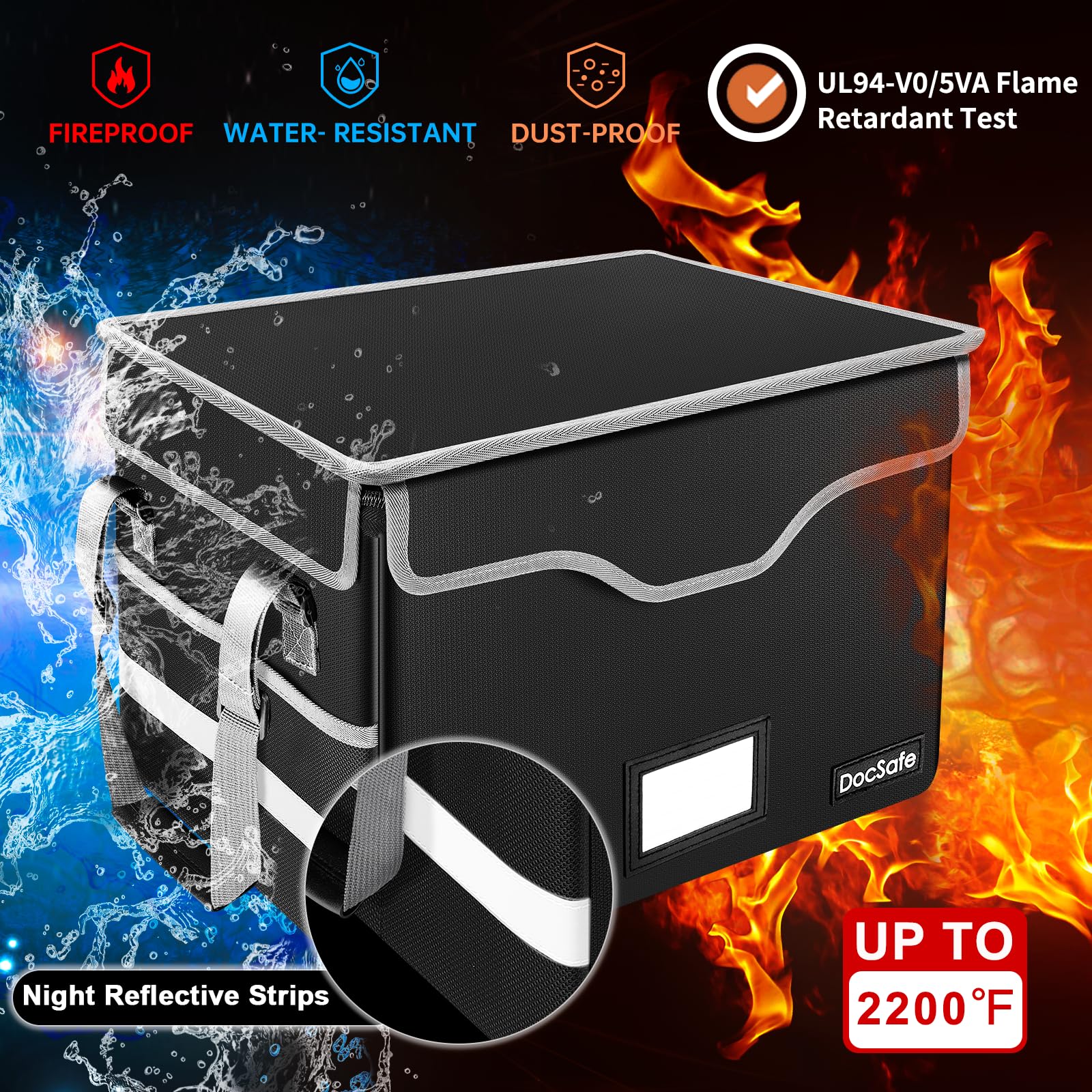 DocSafe Feuerfeste Dokumentenbox mit Schloss, Aktenaufbewahrungsbox mit Reitereinsätzen, faltbar, tragbar, Aktenbox für Zuhause, Aktenschrank mit Griff zum Aufhängen von Briefen/Rechtsordner, Schwarz