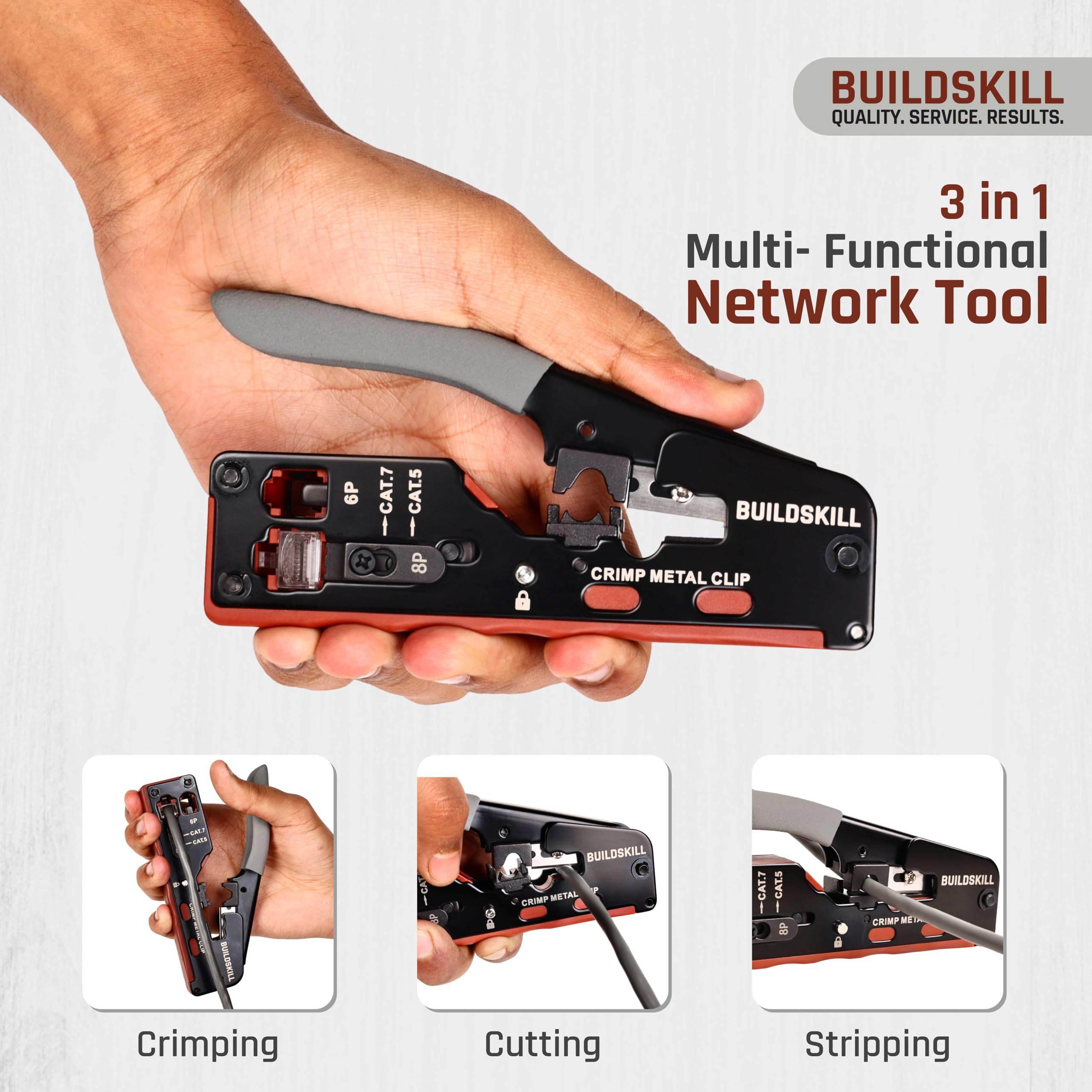 BUILDSKILL 3-in-1 network crimping tool, wire stripper and cutter | safety lock button | soft grip handle | 2mm heavy-duty metal body | ideal ethernet & telephone cables,RJ12, RJ11, RJ45 crimping tool - Image 2 thumbnail