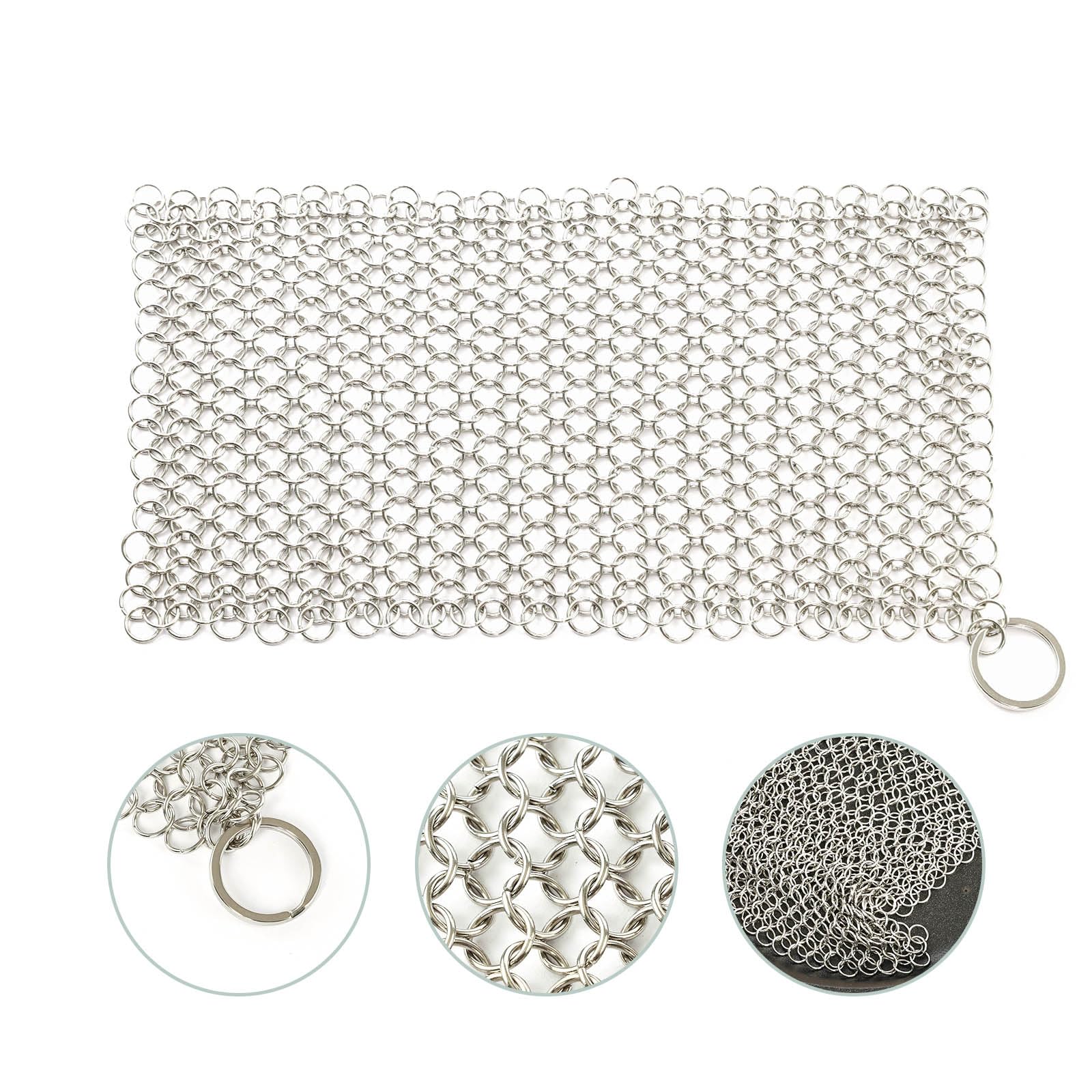 Cast Iron Cleaning Scrubber-Stainless Steel Chainmail for Pans, Skillets, Waffle Irons, Dutch Ovens, and Glassware - 8"x6" Size, Pre-Seasoned Cookware Safe, 1 Pack