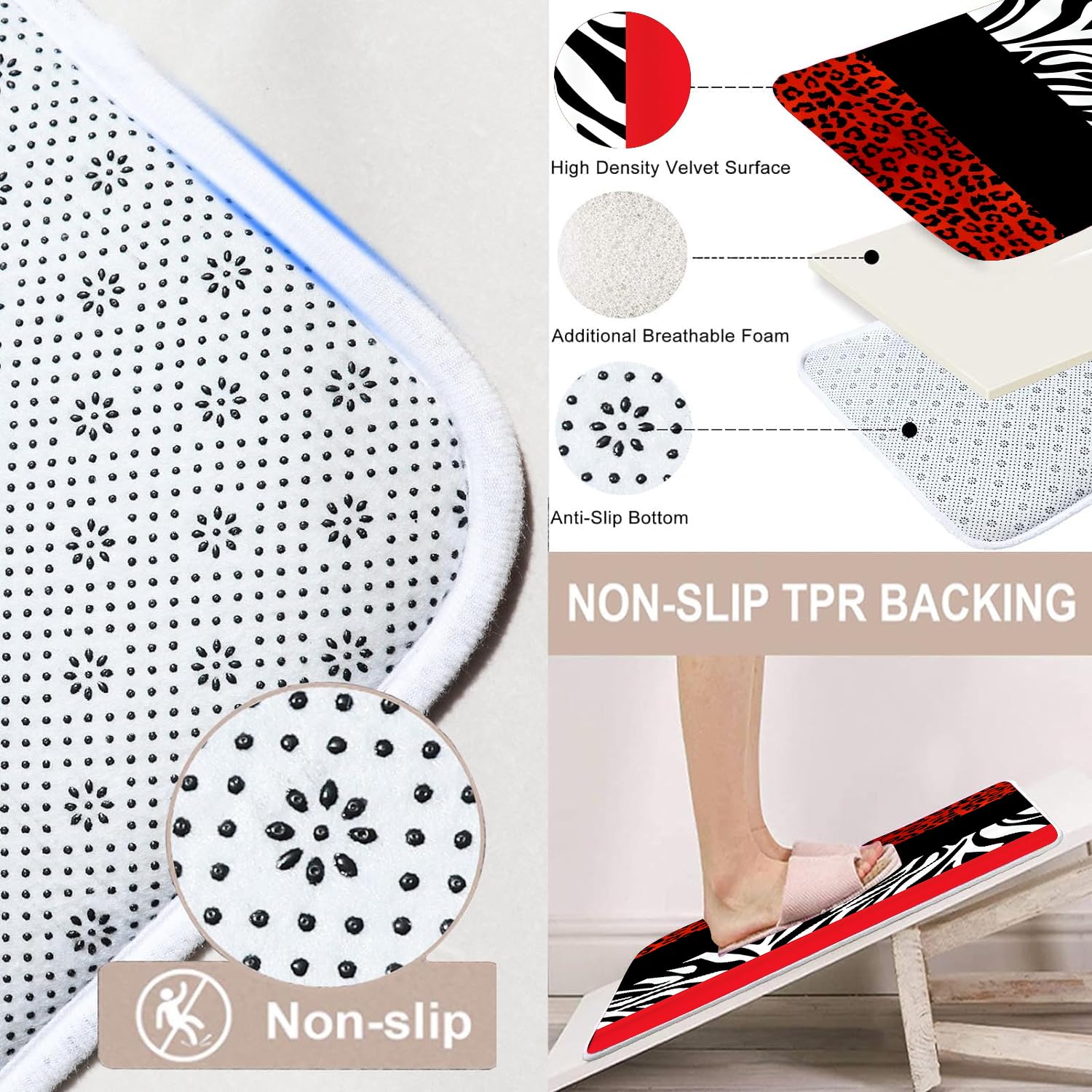 Set di 4 tende da doccia con stampa leopardata con tappeto antiscivolo, copertura del coperchio del WC e tappetino da bagno, tenda da doccia con 12 ganci, tenda da doccia resistente