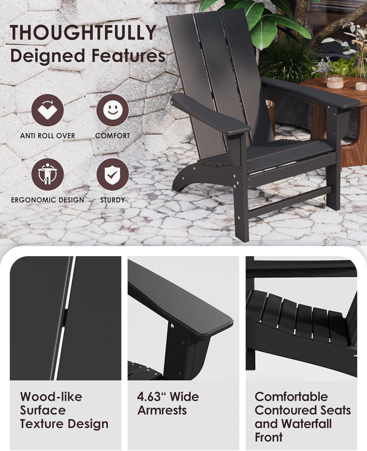 Poly Lumber Adirondack Chair, All-Weather Resistant Outdoor Patio Chairs, Look Like Wood, Pre-Assembled Outdoor Fire Pit Chair for Pool, Deck, Backyard, Garden, Black