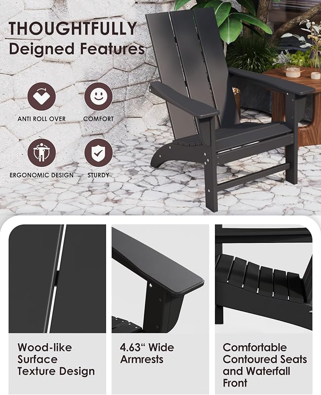 Poly Lumber Adirondack Chair, All-Weather Resistant Outdoor Patio Chairs, Look Like Wood, Pre-Assembled Outdoor Fire Pit Chair for Pool, Deck, Backyard, Garden, Black image 6