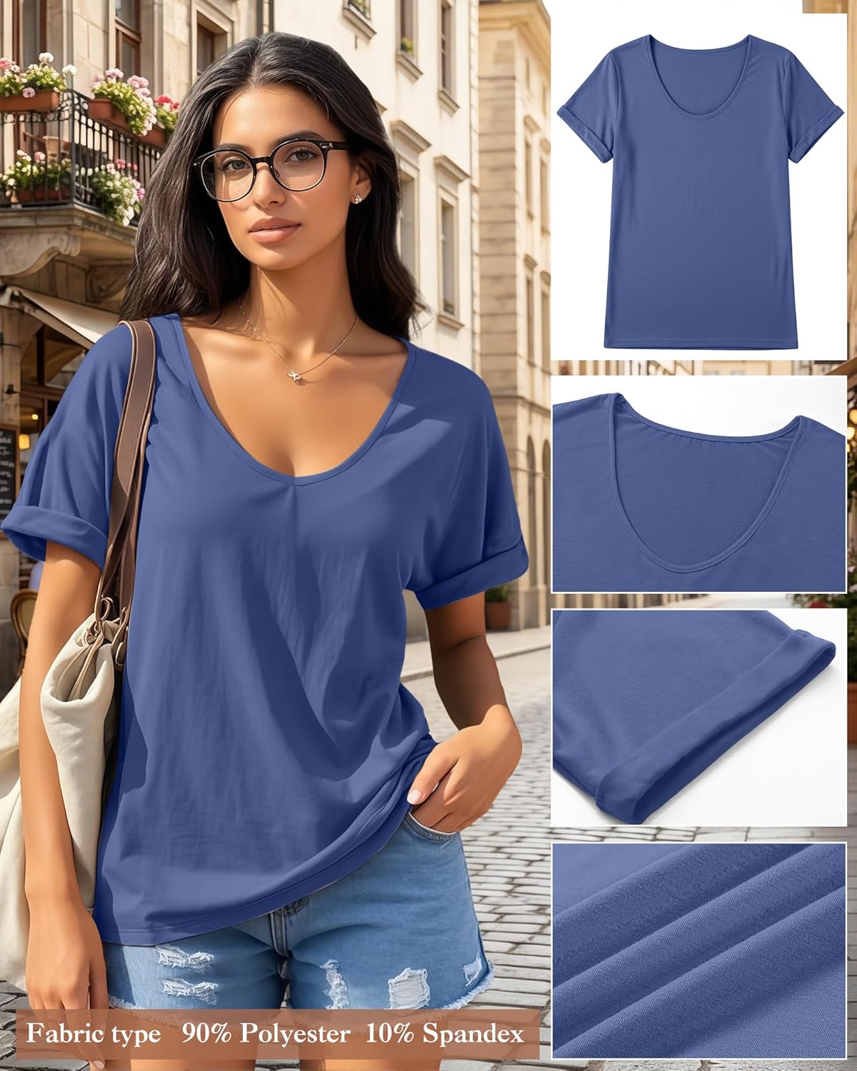 Riyiper 3 Pack Women's V Neck Shirt, Summer Rolled Sleeve Solid Tops Casual Loose Tees Lightweight Basic Soft Tshirt - Image 5