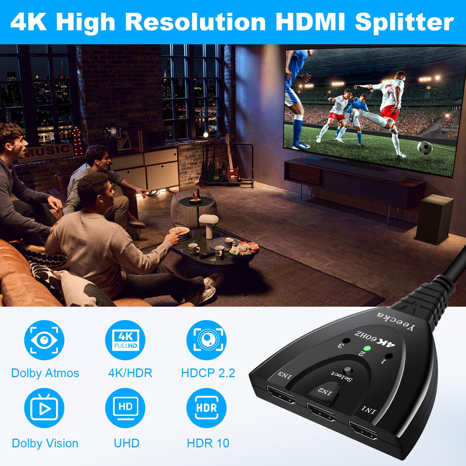 Yeecka Sdoppiatore HDMI Bidirezionale 4K 60Hz Sdoppiatore HDMI Alluminio Switch Splitter 3 in 1 Out, Supporta 4K 3D 1080P UHD HDCP 2.2 Splitter Per TV/Blu-ray/Firestick/Xbox/PS3/4/5-Plata