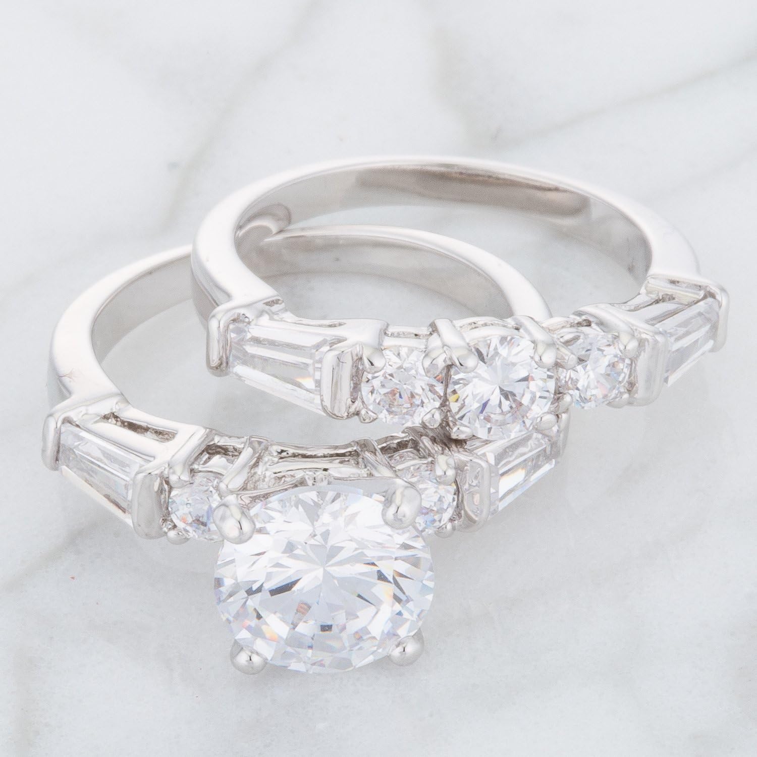 Kate Bissett Rhodium Plated Engagement Ring Set with Round Cut Cubic Zirconia and Shouldered Baguettes Prong Set