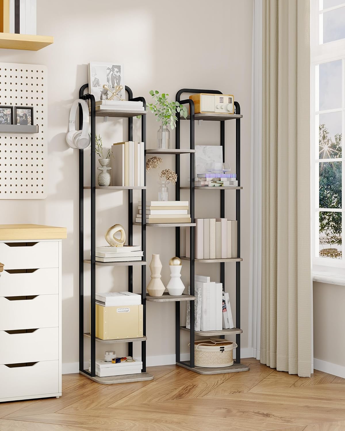 Shoe rack used as a bookshelf in a home office setting