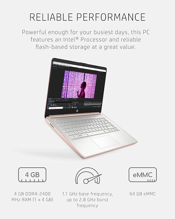 HP 14-dq0030nr 14 Laptop, Intel Celeron N4020, 4 GB RAM, 64 GB Storage, 14-inch Micro-edge HD Display, Windows 11 Home, Thin & Portable, 4K Graphics, One Year of Microsoft 365 (2021, Pale Rose Gold) by HP - Used condition - Image 3