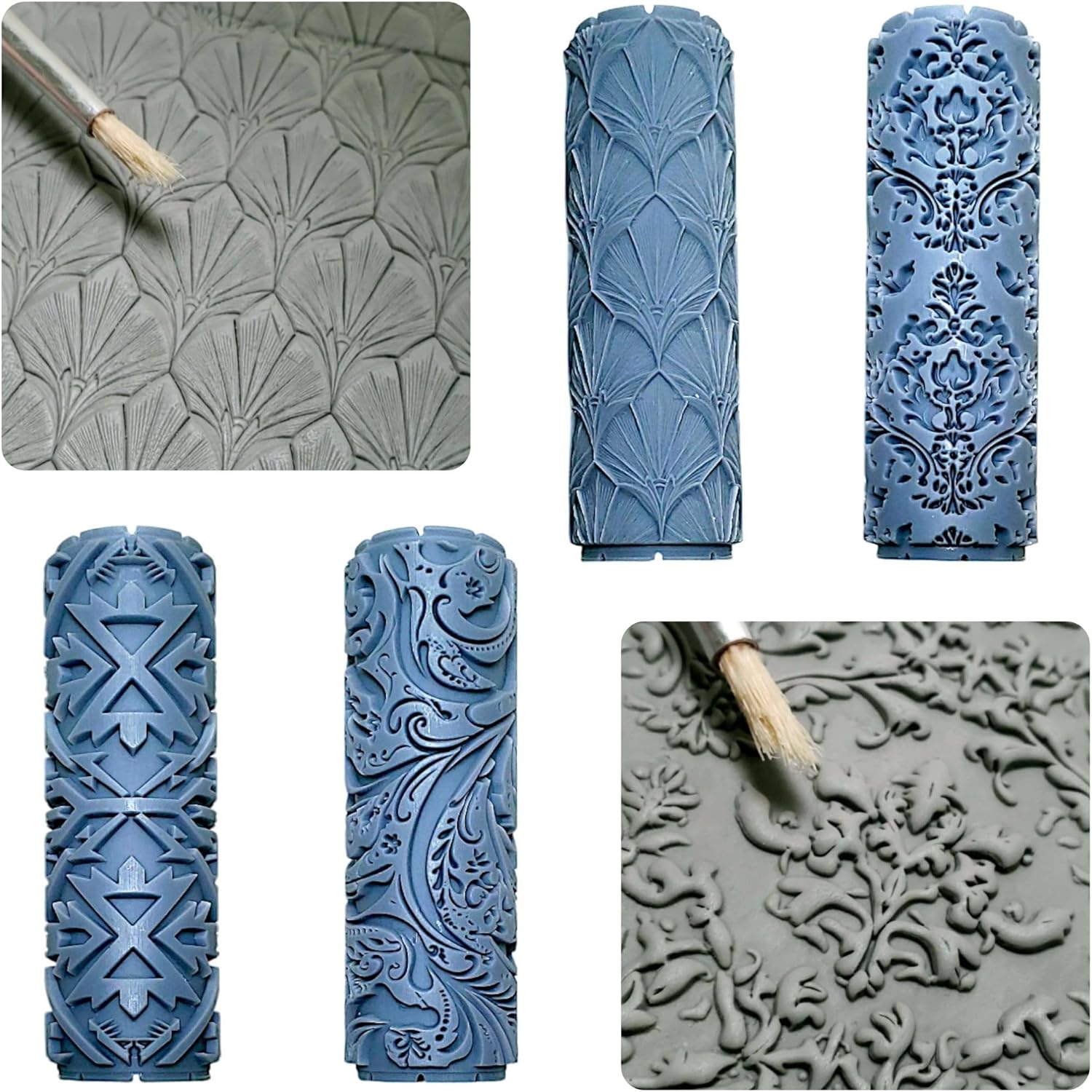 Timeless Patterns Collection Clay Texture Rollers 4-Pack (4") - Seamless Set #01 - Embossing Pattern Rollers for Polymer & Ceramic Clay, Pottery & Crafts
