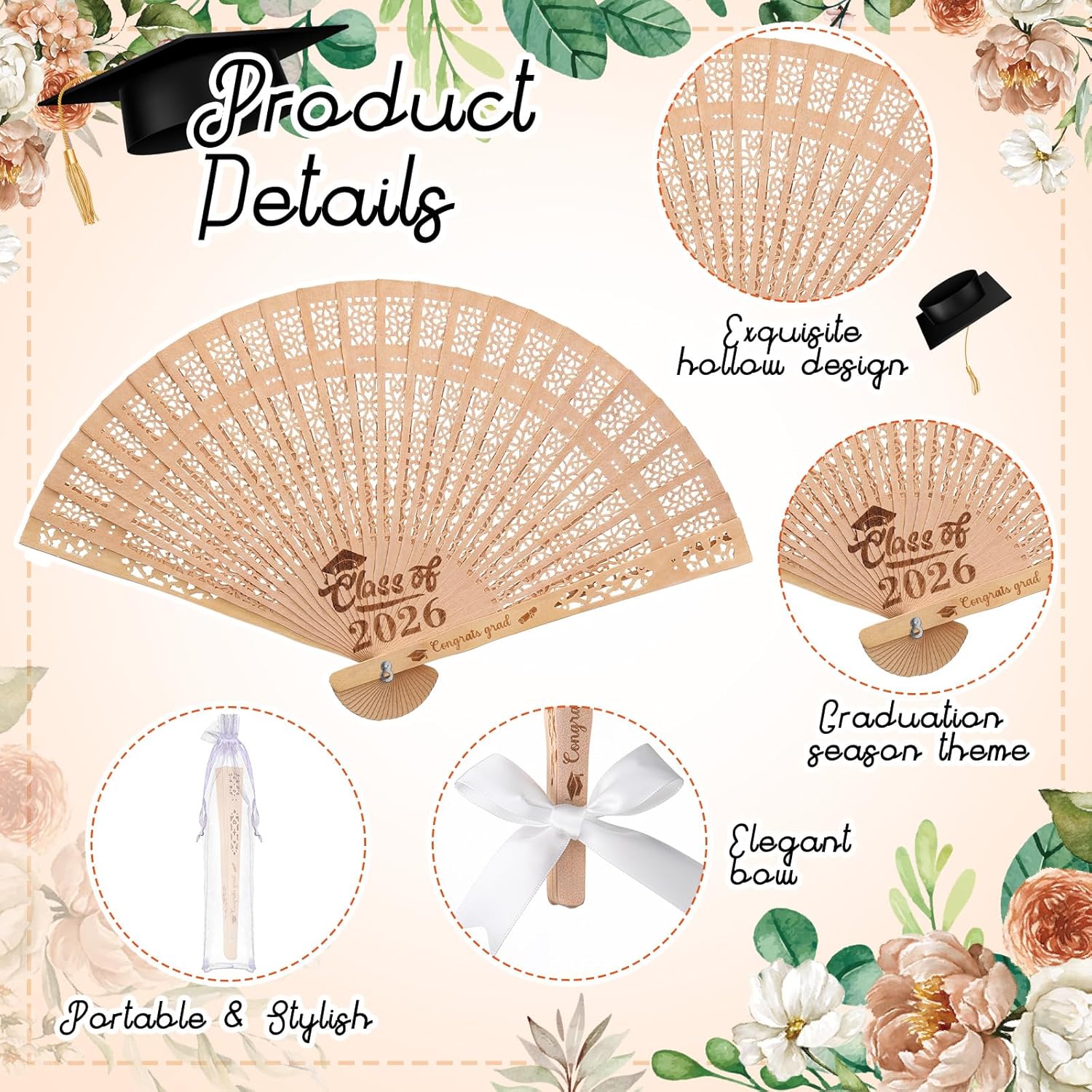 Roowest 12 Sets Class of 2026 Graduation Fans Wooden Hand Held for Guests Grad Fans 2026 Gifts with Organza Bags White Ribbon Bows and a Table Sign for Graduation Party Favors Souvenirs