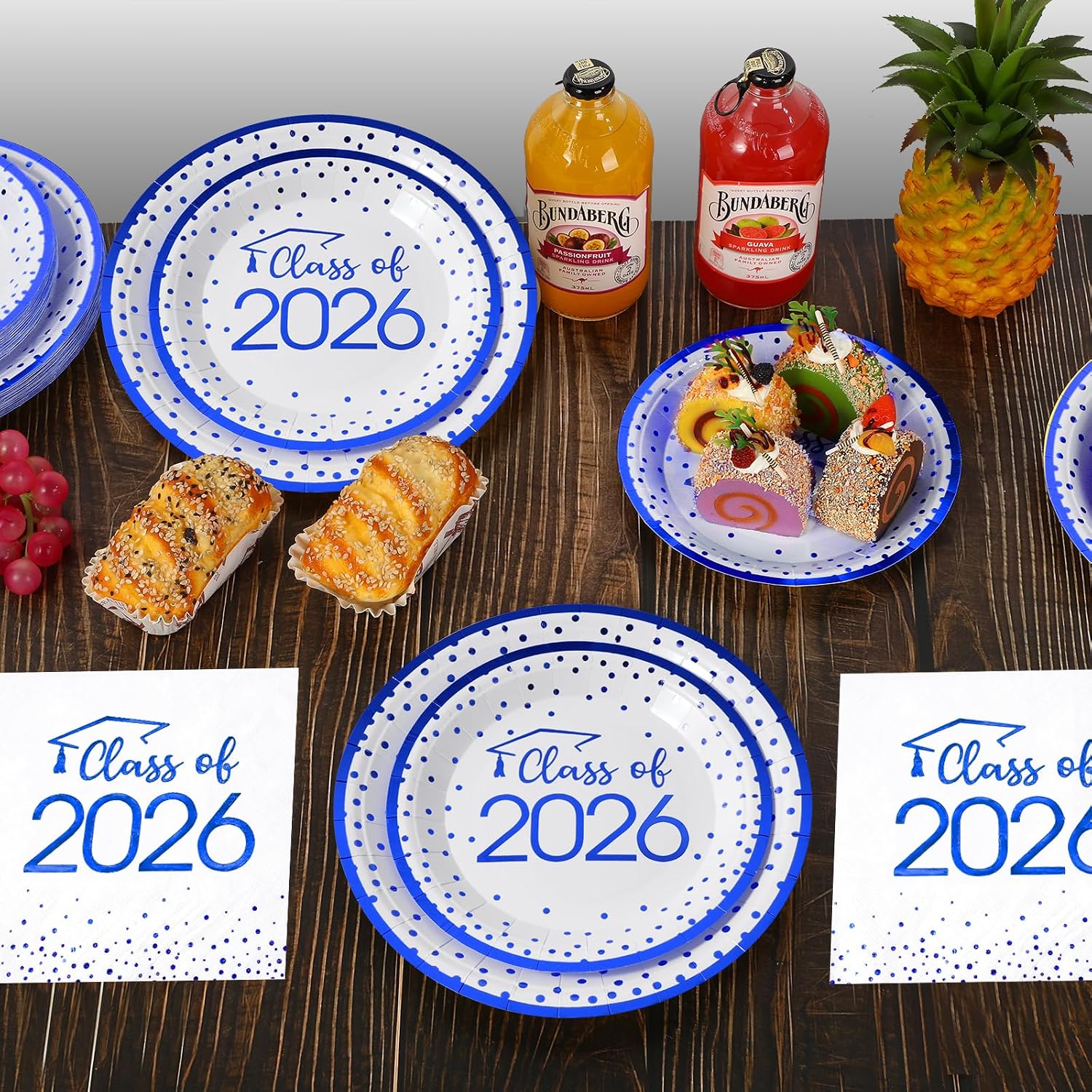 MASHAN 150Pcs Graduation Plates and Napkins Set, Class of 2026 Disposable Gold foil Tableware for College High School Congrats Grad Graduation Party Decoration and Supplies, Serve 50(White Blue)