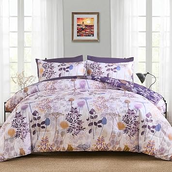 Anibedding 7 Pieces Purple Botanical King Size Comforter Se | Botanical Bed in a Bag, Complete Set with Sheet Pillowcase, For Bedroom, All Season