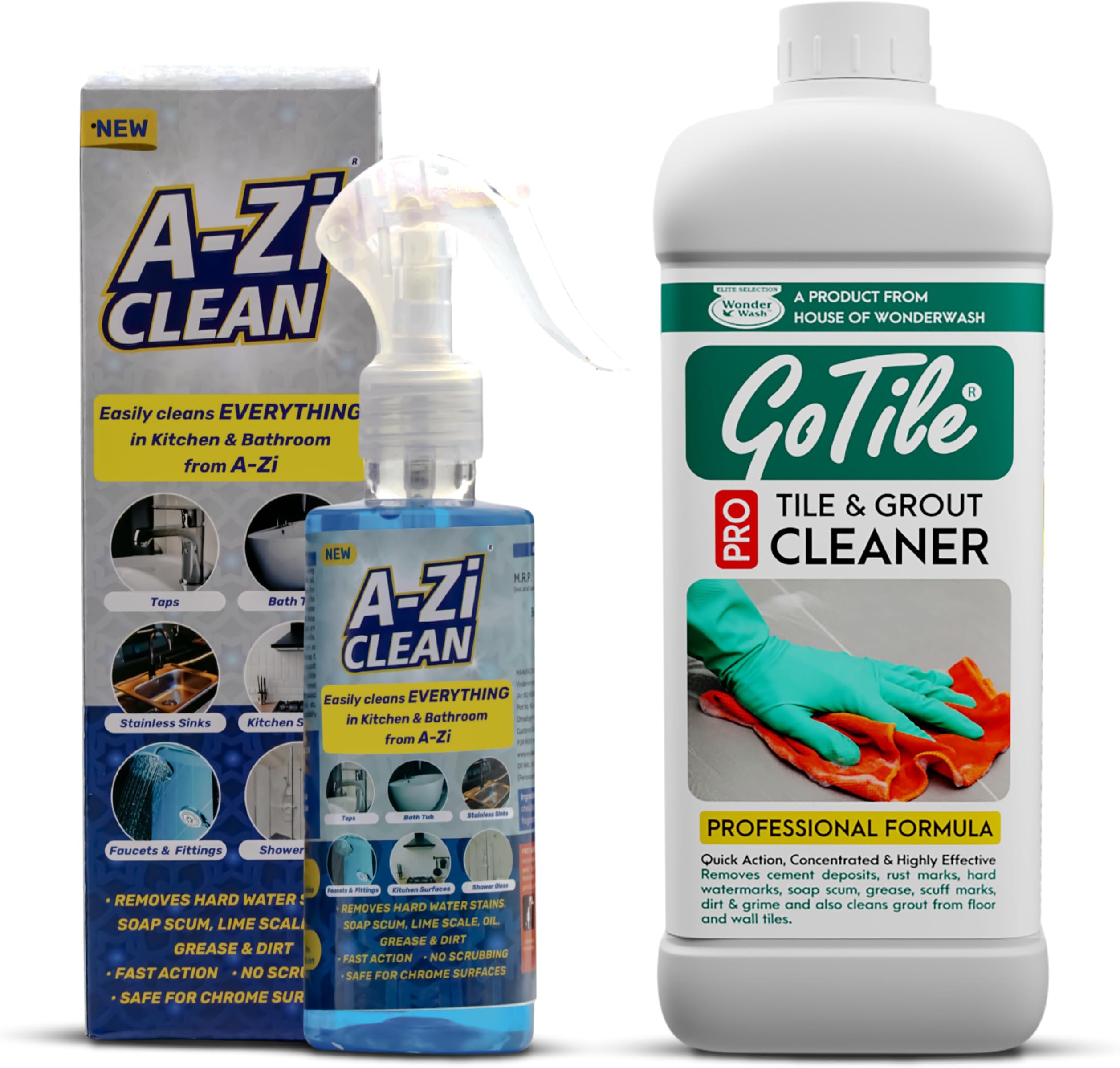 - Bathroom Deep Cleaning Combo | A-Zi Clean 200 ML & GOTILE PRO Tile Cleaner 1L Concentrated | Removes Hardwater Marks, Limescale, Soap Scum and Oil Stains for Faucet, Basins, Quick action