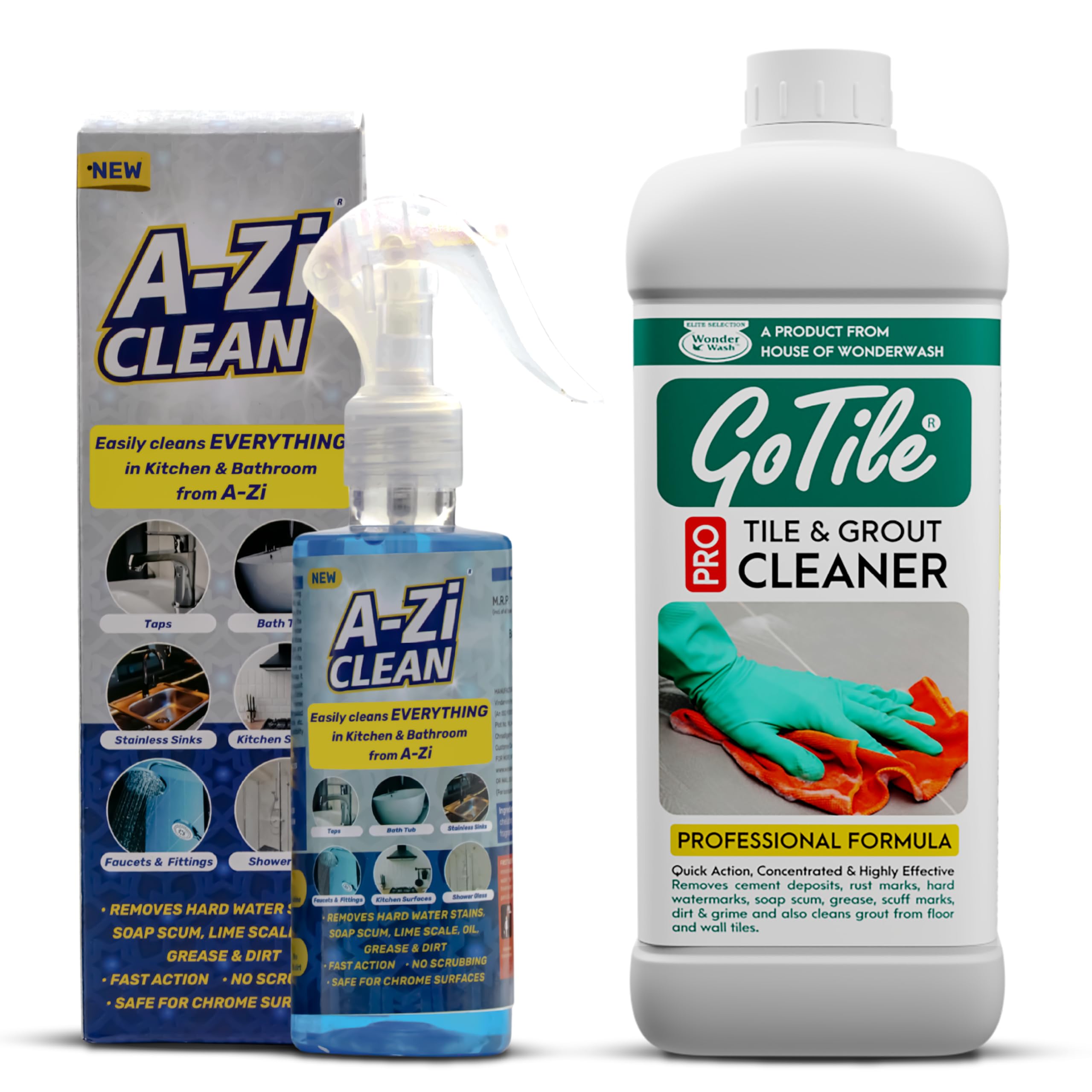 Bathroom Deep Cleaning Combo | A-Zi Clean 200 ML & GOTILE PRO Tile Cleaner 1L Concentrated | Removes Hardwater Marks, Limescale, Soap Scum and Oil Stains for Faucet, Basins, Quick action
