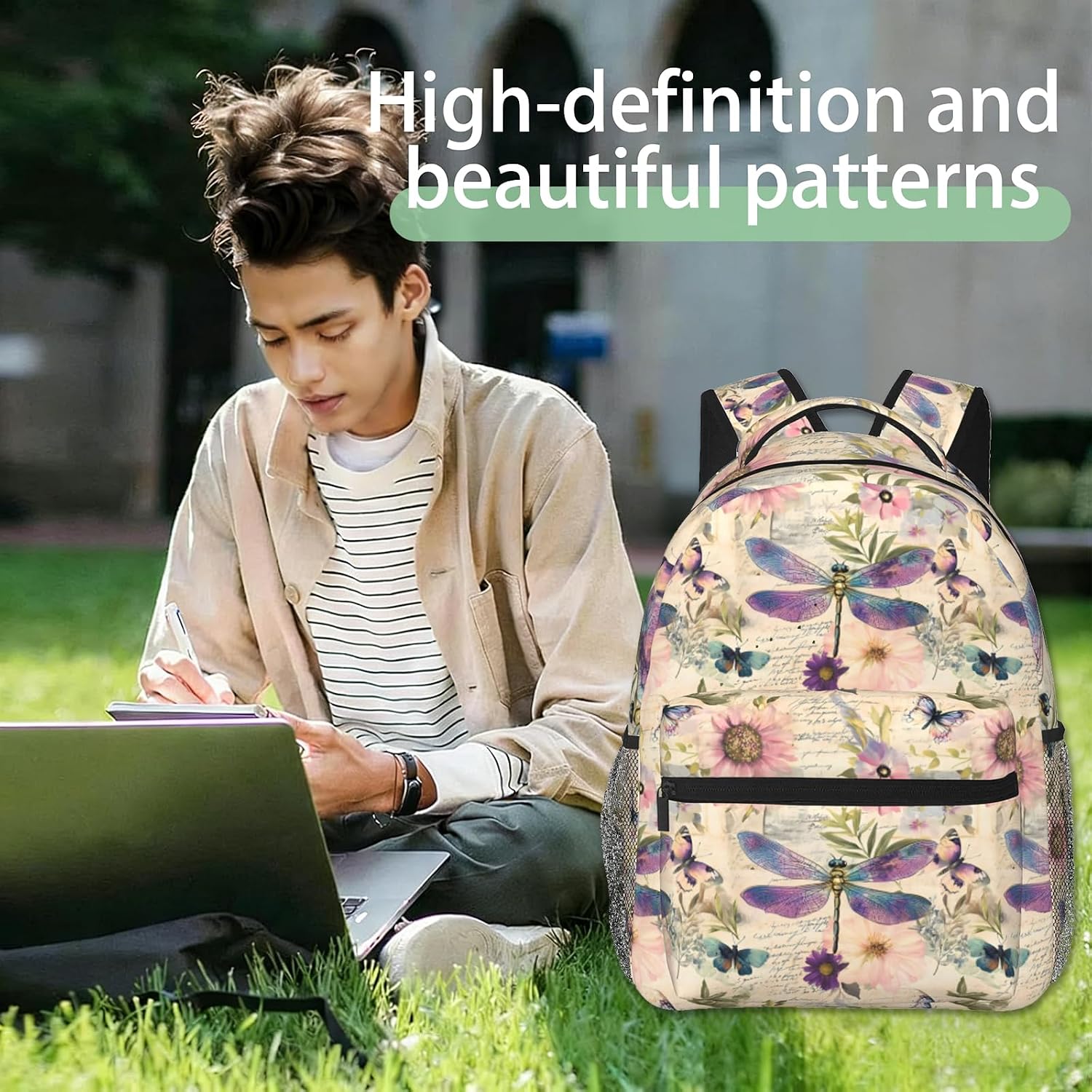 Elegant Dragonfly Butterfly Floral Backpack, Polyester Backpacks with Straps, 11.4inx5.9inx15.7in, Multi-Pocket Storage Bookbag, Ideal For School Work Travel Hiking Camping, Women Girls Gifts