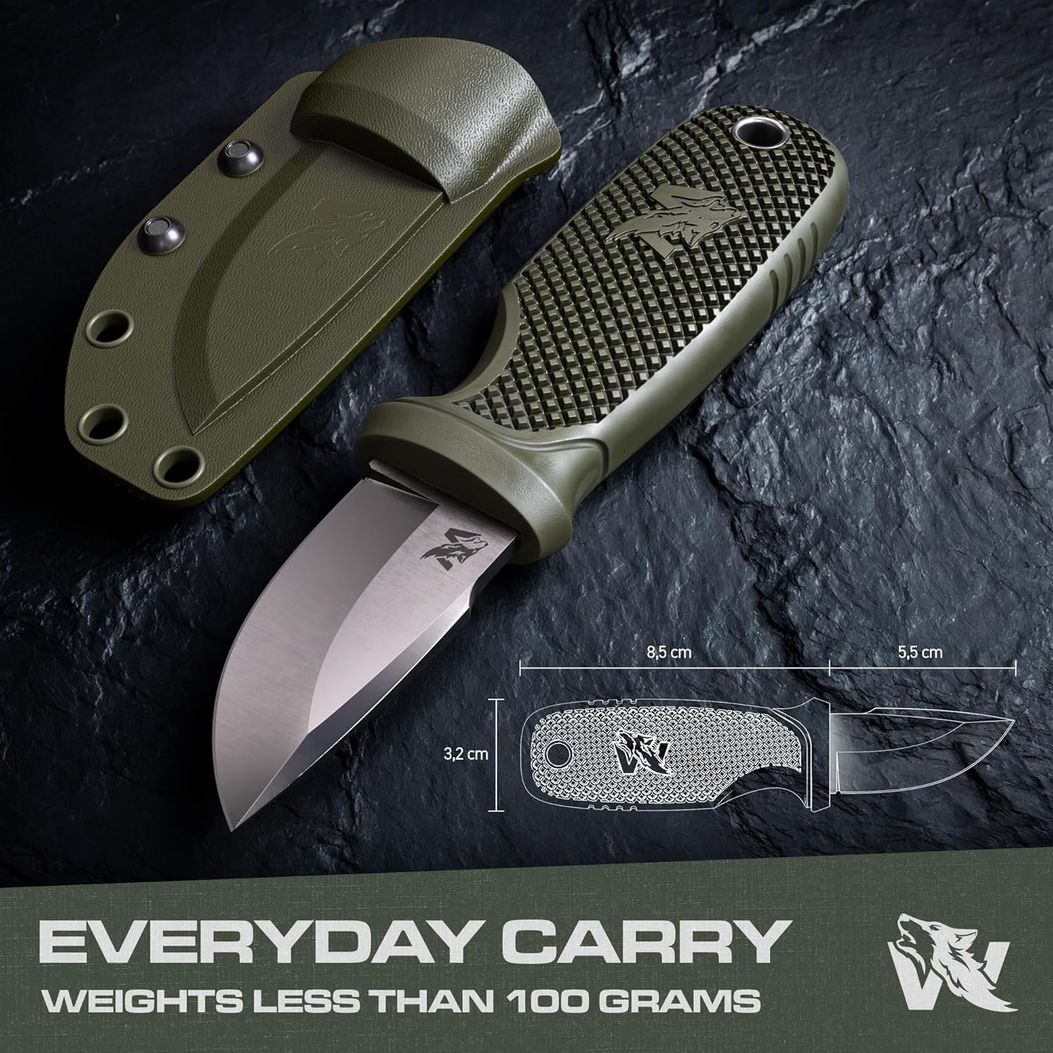 ODENWOLF W-MINI - EDC Neck Knife with Sheath and Necklace - Small EDC Fixed Blade Knife Necklace and Belt Clip - Pocket Fixed Blade Knives - Full Tang Neck Knife with Sheath Tactical and Fire Starter