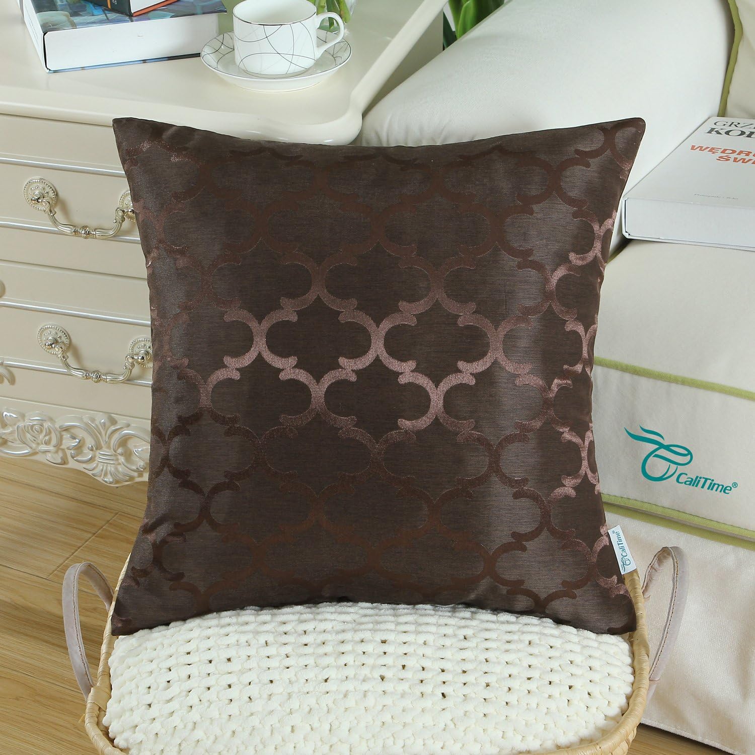 CaliTime Pack of 2 Cushion Covers Throw Pillow Cases Shells for Home Sofa Couch Modern Shining & Dull Contrast Quatrefoil Accent Geometric 18 X 18 Inches Coffee