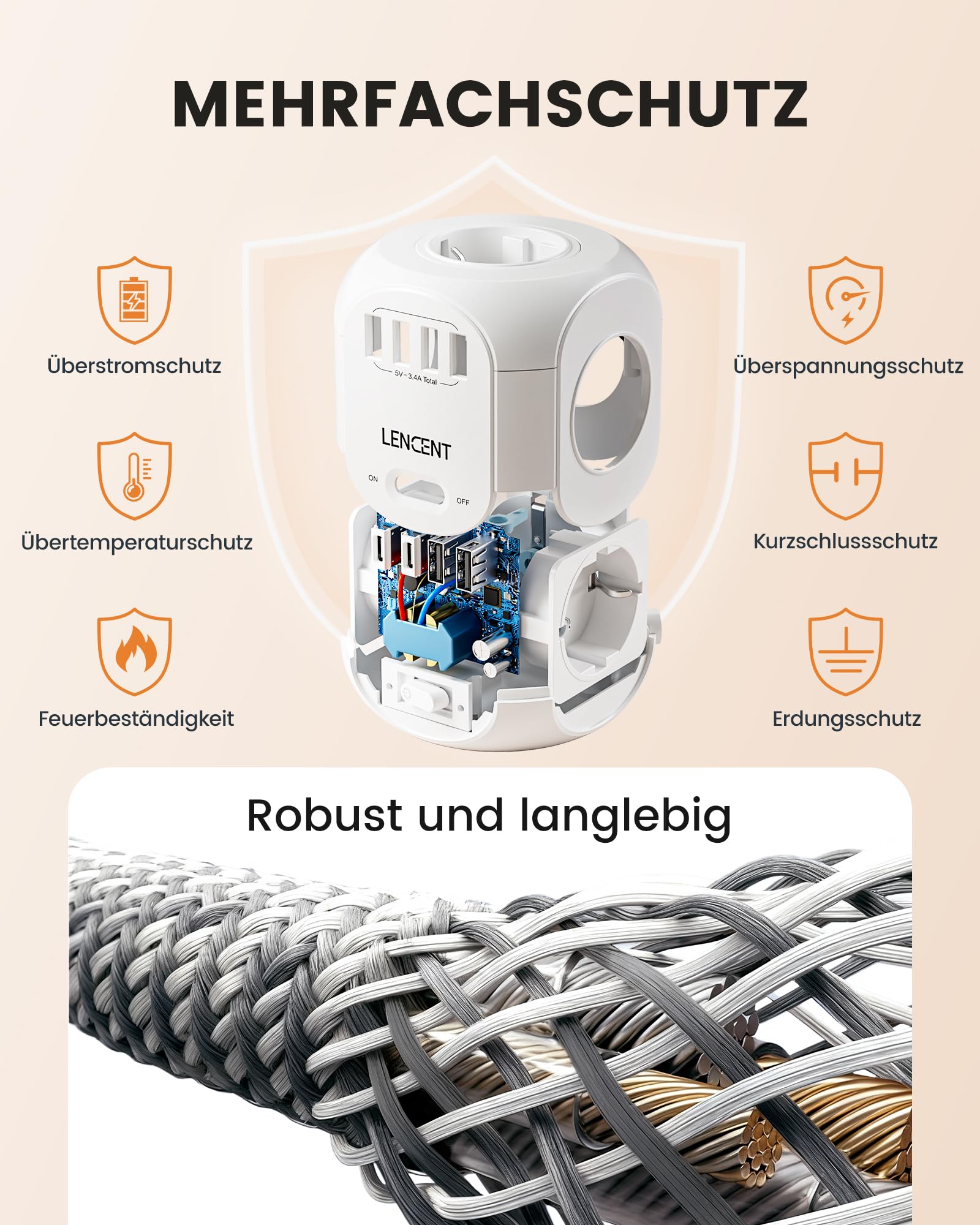 LENCENT 4 Fach Steckdosenleiste Flachstecker Steckdosenwürfel Mehrfachsteckdose 8 in 1 Cube Steckdose Steckerleiste mit 2 USB&2 Typ-C, Mehrfachstecker mit 2 Meter Geflochtenem Kabel für Wandsteckdose