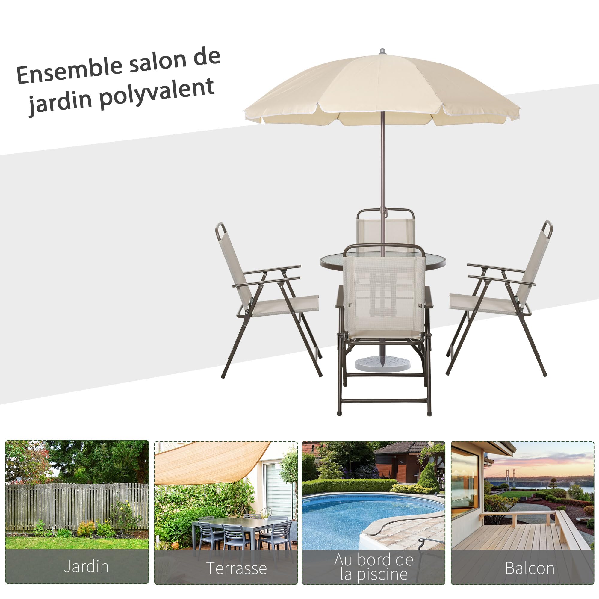 Outsunny Salon de Jardin 6 pièces Table Ronde Chaises Pliables Parasol Acier époxy Polyester Beige