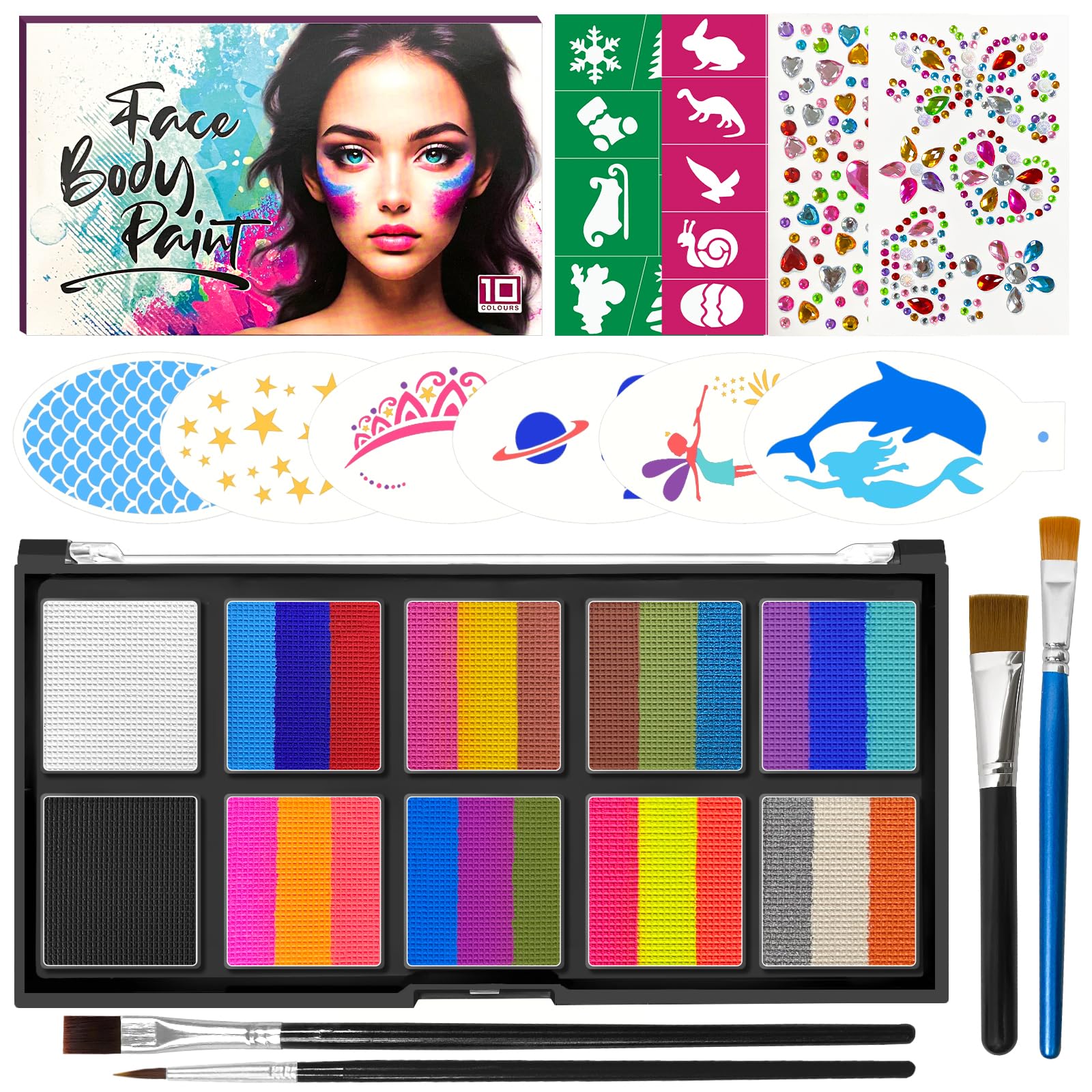 Kinderschminke Set,Rainbow Split Cake Palette 26 Farben inderschminken mit Pinsel Vorlagen and Glitzersteine Aufkleber,Waschbar Face Paint Bodypaint Schminkset, für Halloween Karneval