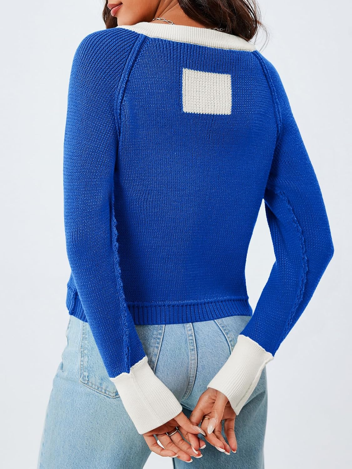 Saodimallsu Womens Cropped Cardigan Sweaters Button Down Open Front Long Sleeve Fall Trendy Color Block Knit Coats - Image 5