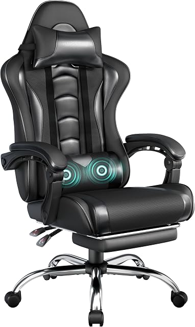 Yaheetech Chaise de jeu, chaise de jeu vidéo avec support Lombaire Massage et repose-pieds Chaise ergonomique ergonomique réglable avec siège pivotant et appuie-tête, plein noir