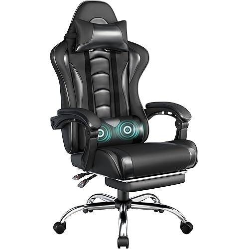 Yaheetech Gaming Chair, Video Game Chair with Massage Lumbar Support and Footrest Height Adjustable Ergonomic Computer Chair with Swivel Seat and Headrest, Full Black