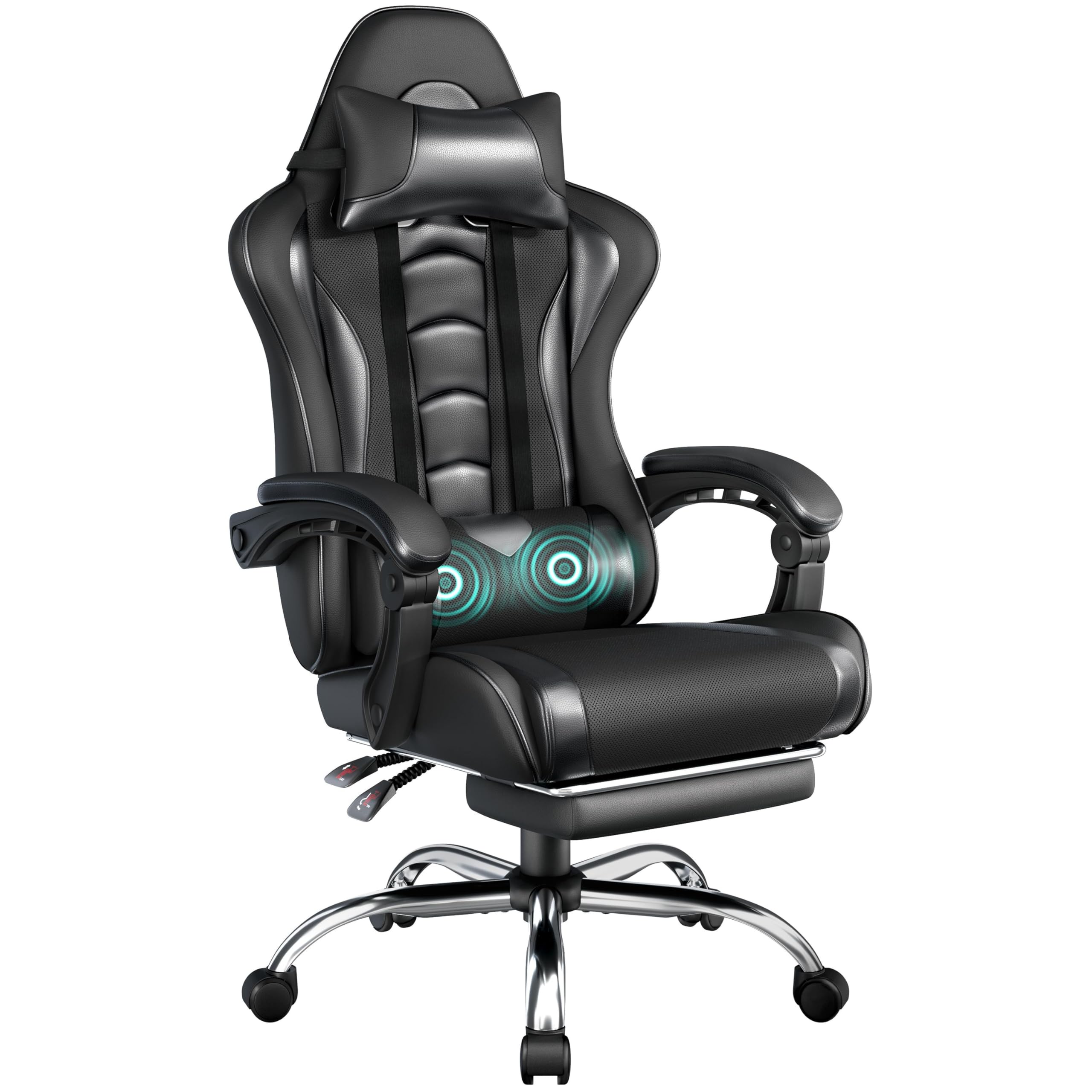 Yaheetech Gaming Chair, Video Game Chair with Massage Lumbar Support and Footrest Height Adjustable Ergonomic Computer Chair with Swivel Seat and Headrest, Full Black
