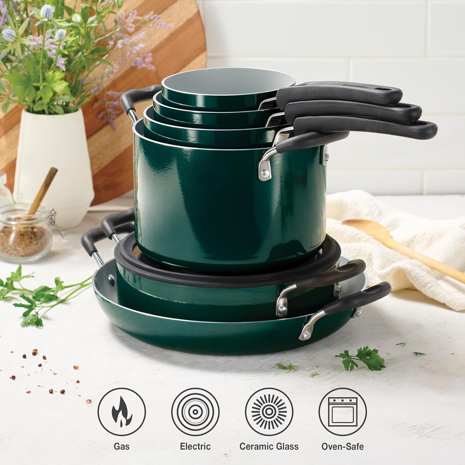 Tramontina Ceramic Non Stick 11-Piece Nesting Pots and Pans Set with Lids - Stackable Nonstick Cookware Set, Dishwasher and Oven Safe, Teal