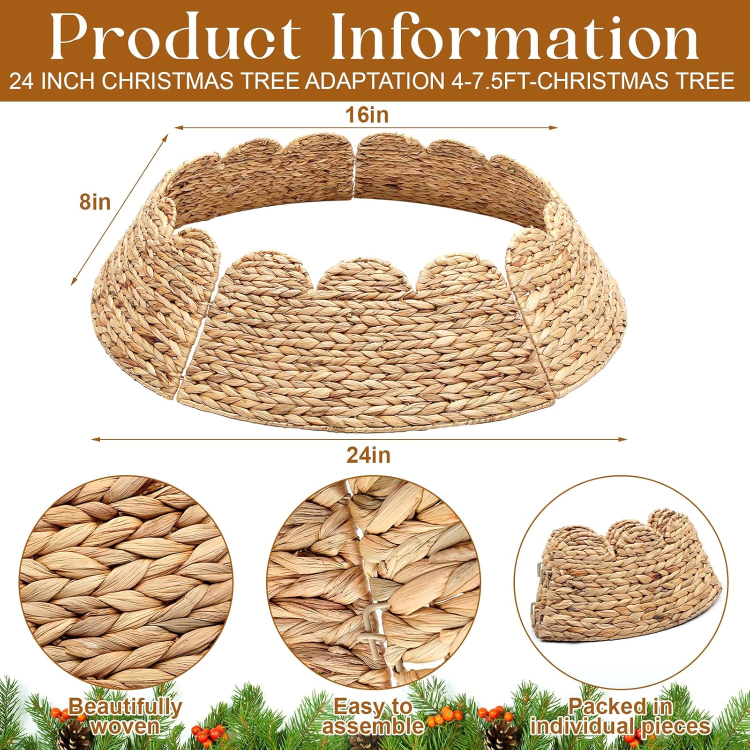 Cinnvoice Woven Rattan Scalloped Christmas Tree Collar 24 Inch Natural Ring Rustic Farmhouse Water Hyacinth Base Cover Skirt for 4-6 ft Xmas Tree Holiday House Decoration