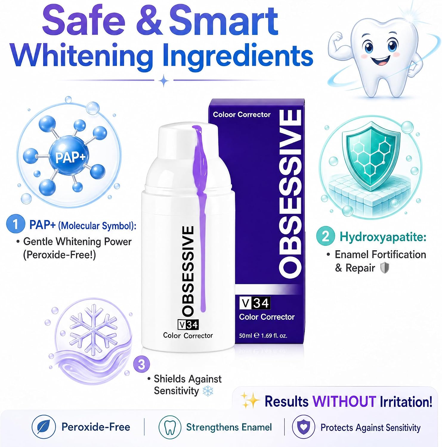 Obsessive Purple Whitening Toothpaste, Purple V34 Fresh Breath Toothpaste, Colour Corrector for Teeth, Stain Concealer and Removes Bad Breath (1PC)