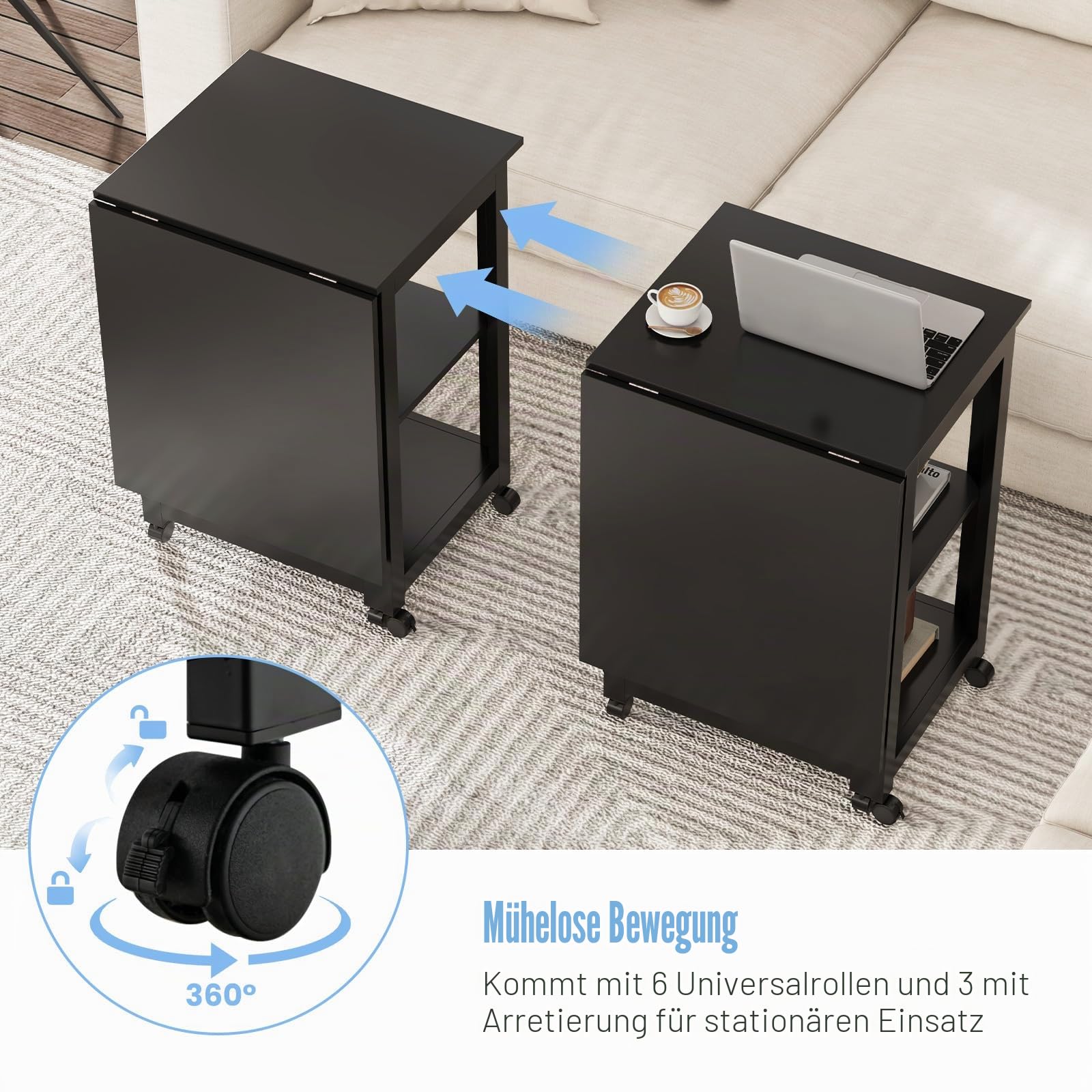 GIANTEX Klappbarer Schreibtisch & Druckertisch mit Rollen, Computertisch Laptoptisch mit 3 Ebenen, PC Tisch Arbeitstisch aus Holz & Metallrahmen, moderner Bürotisch für Zuhause Heimbüro 107,5x54x77 cm