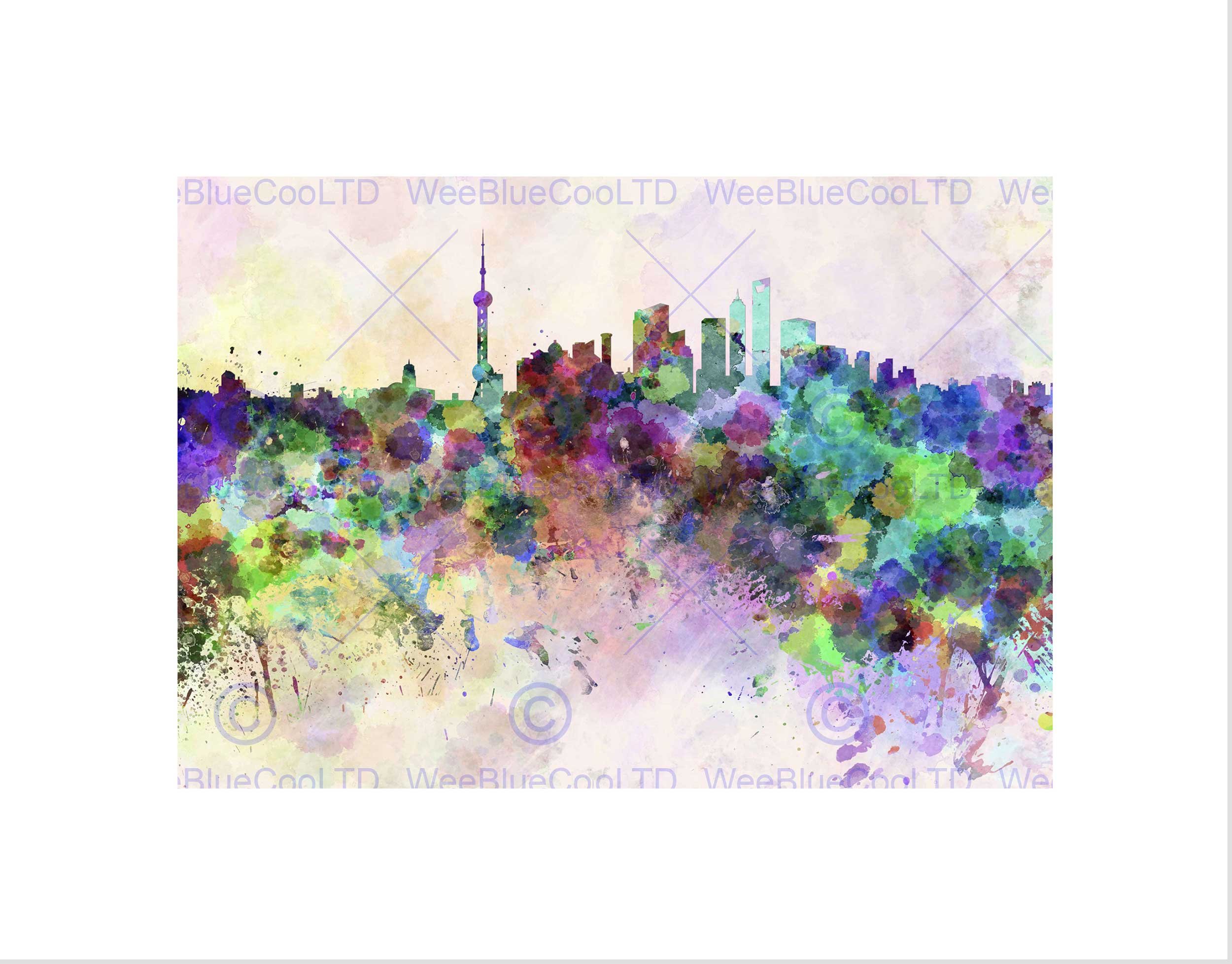 Wee Blue Coo Painting Cityscape Paint Splash Skyline Shanghai Wall Art Print